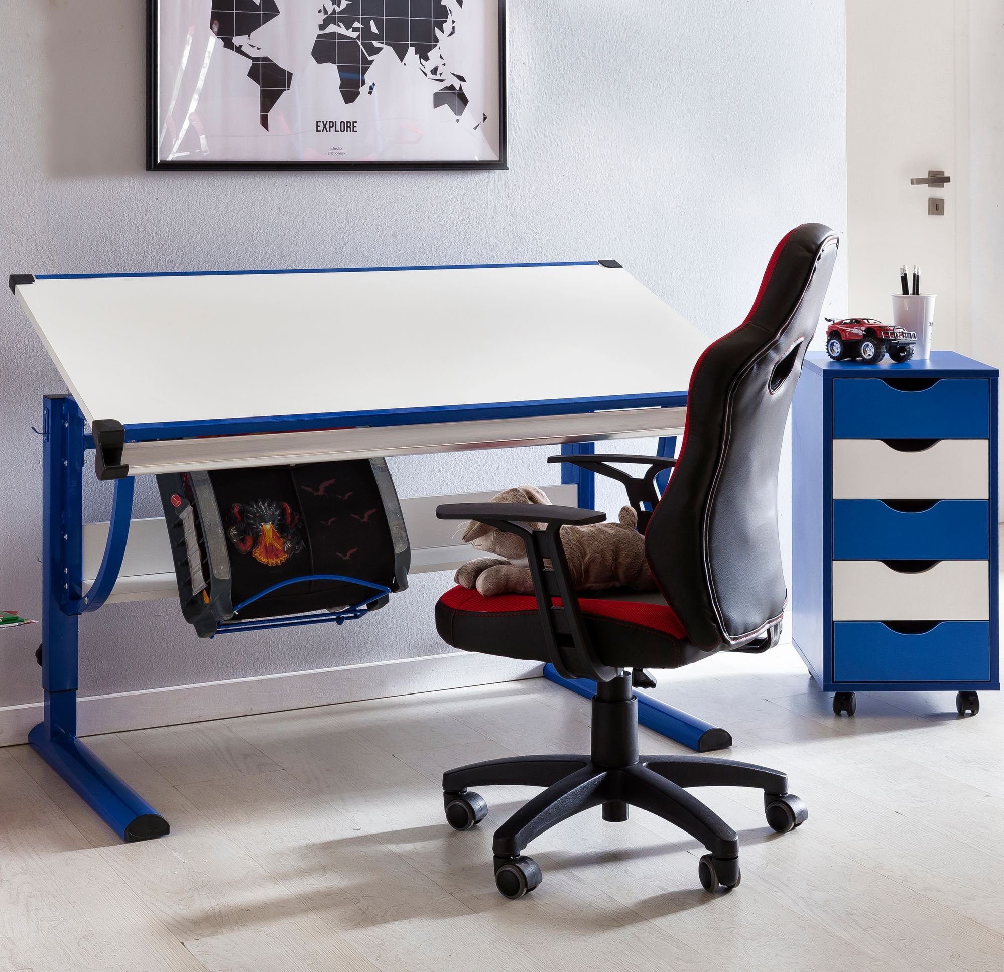 Wohnling Schreibtisch WL5.127 (Kinderschreibtisch Schülerschreibtisch Holz Modern Neigungsverstellbar cm / 60 Blau 120 Weiß), x