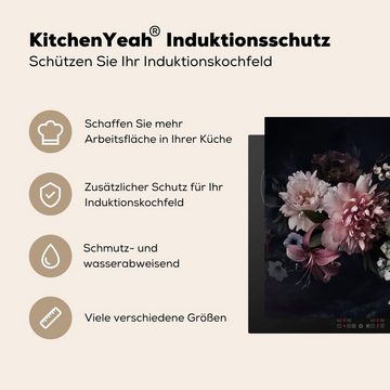 MuchoWow Herdblende-/Abdeckplatte Blumen - Vintage - Pastell - Rosa - Weiß, Vinyl, (1 tlg), 58x51 cm, Küchen Dekoration für Induktionsherd, Induktionskochfeld