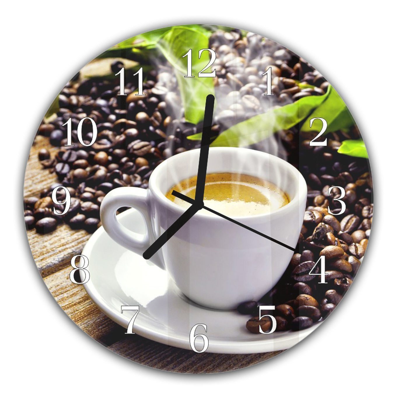 Primedeco Wanduhr Wanduhr aus Glas mit Motiv Kaffeetasse heiss - Rund mit Durchmesser 30 cm und Quarzuhrwerk