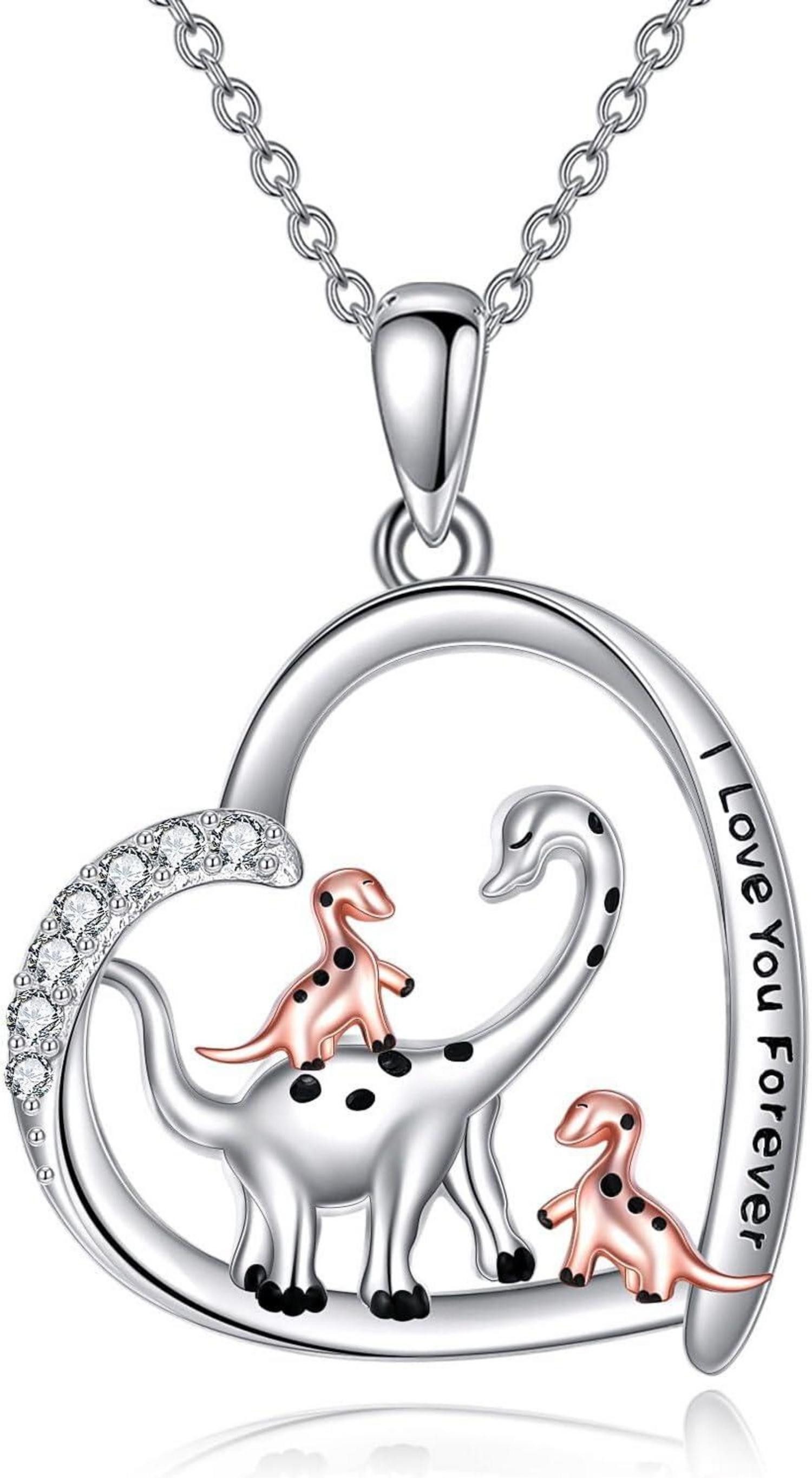 Kette und Anhänger Set Liebe Herz Dinosaurier Halskette Sterling Silber Mutter Kinder Frauen