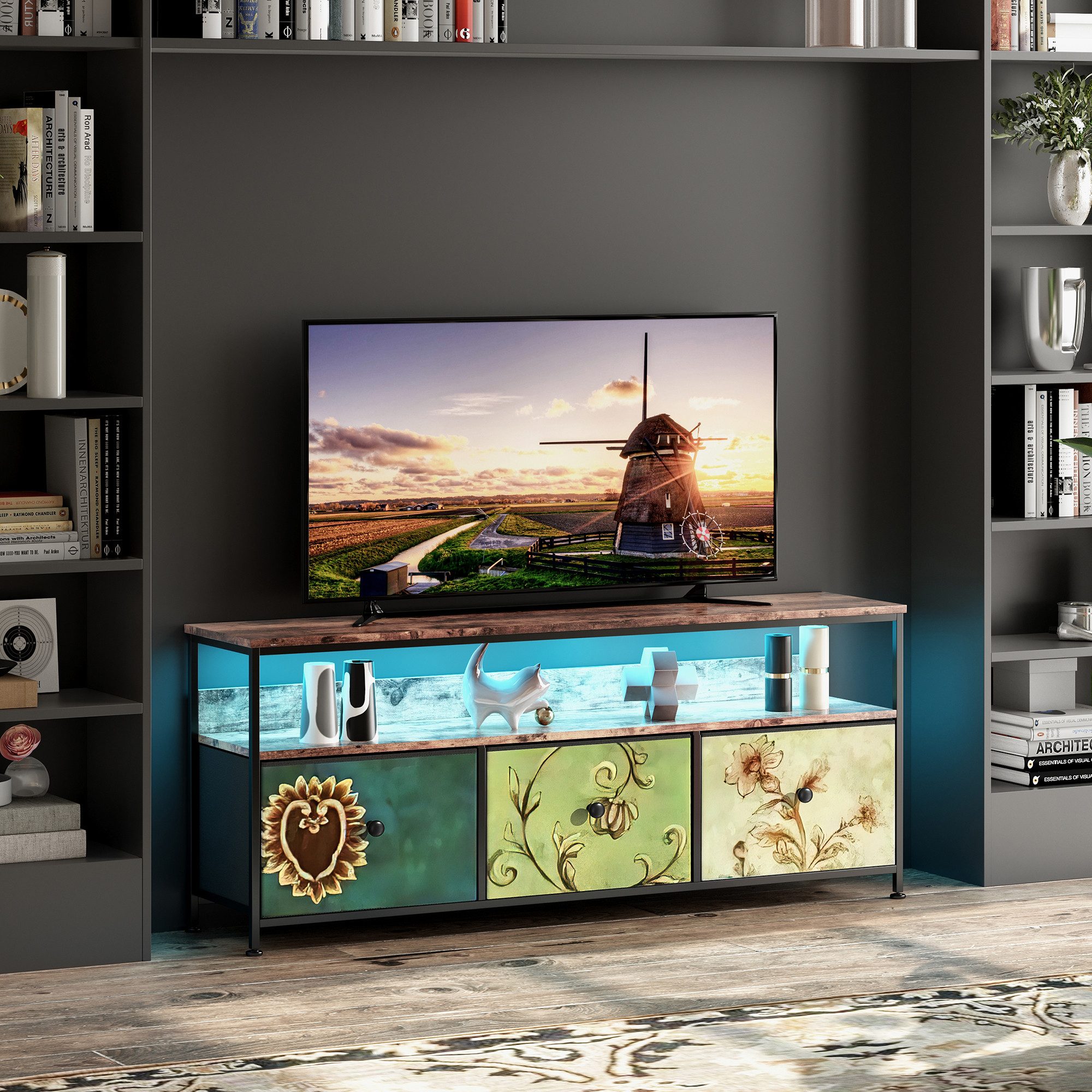 PXloue Kommode TV-Ständer mit RGB LED-Beleuchtung, Stylisher TV-Schrank mit neun Szenenmodi und App-Steuerung