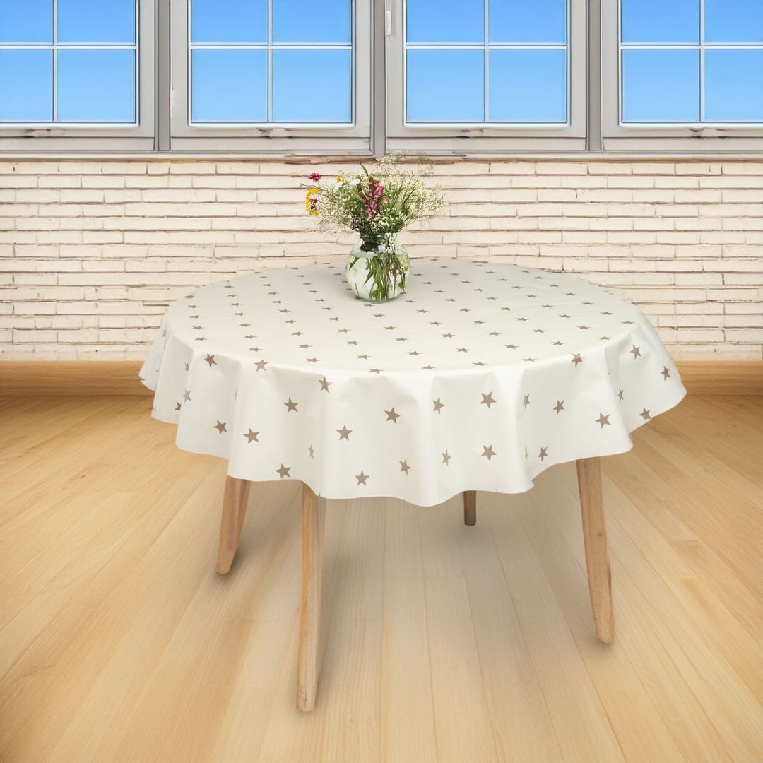 laro Tischdecke runde 140 cm Wachstuchtischdecke Garten Weihnachten Sterne Gold Beige – Bild 3 von 5