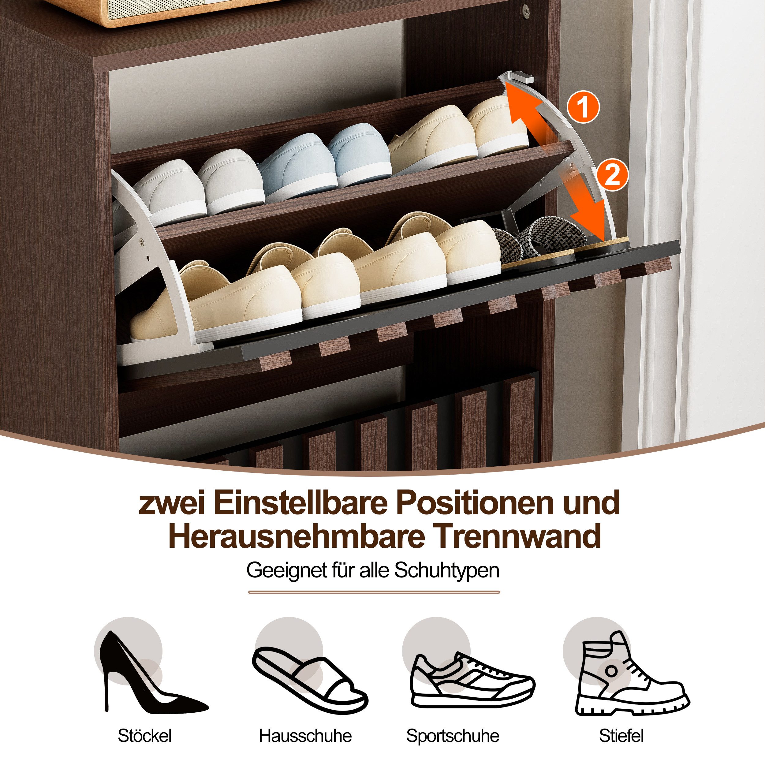 UEV Schuhschrank mit 2 Klappen Schuhregal Schukipper schmal 24CM tief (Anti-Kipp-Vorrichtung für Eingangsbereich, Modern Schuhaufbewahrung mit Oberplatte Platzs – Bild 5 von 5