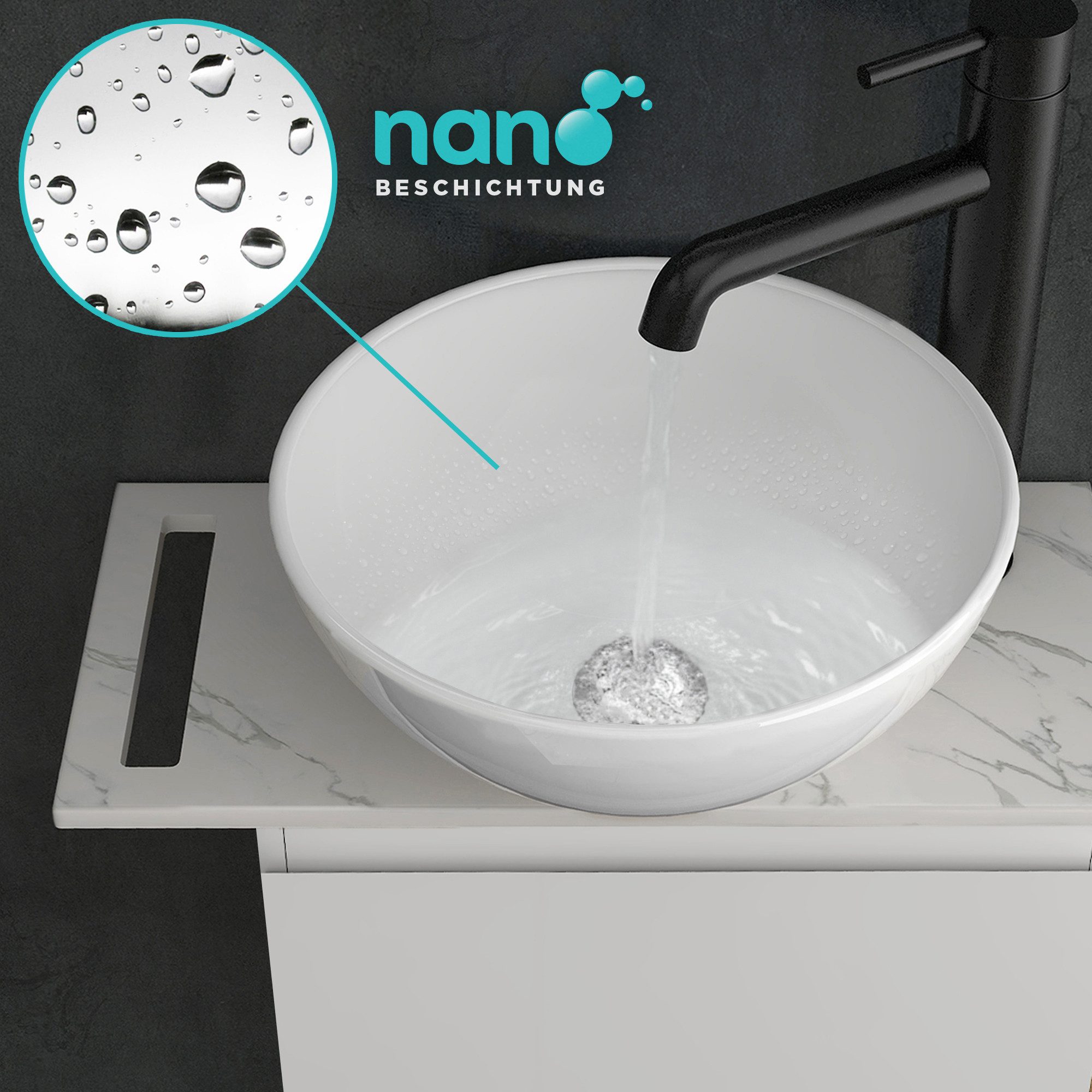 Alpenberger Badmöbel-Set mit Aufsatzwaschbecken Waschtisch mit Unterschrank & Keramikplatte, (Waschbecken Rund mit Nano Beschichtung, Waschbeckenunterschrank kl – Bild 5 von 5