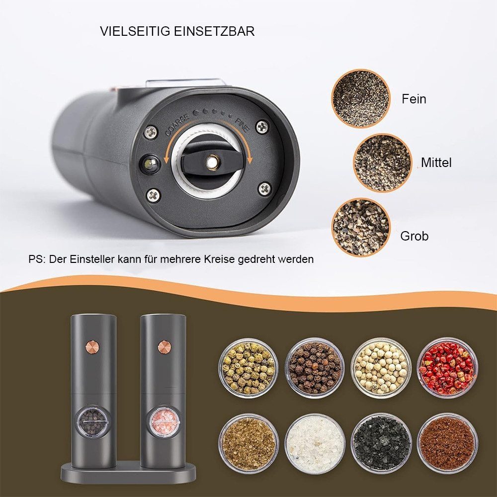 Ophy Salz-/Pfeffermühle Elektrische Salz- und Pfeffermühle (Set) – batteriebetrieben mit Basis, (1 Stück), automatisches Mahlen & LED-Licht – für BBQ, Restaurant & Küche