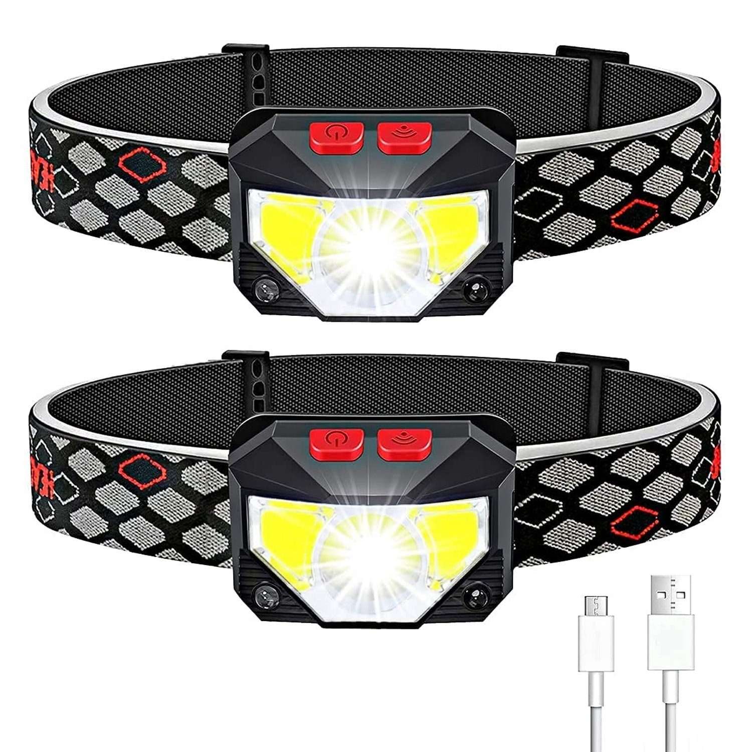 zggzerg LED Stirnlampe 2 Stück Wiederaufladbare LED Kopflampe, 8 Modi mit Bewegungssensor