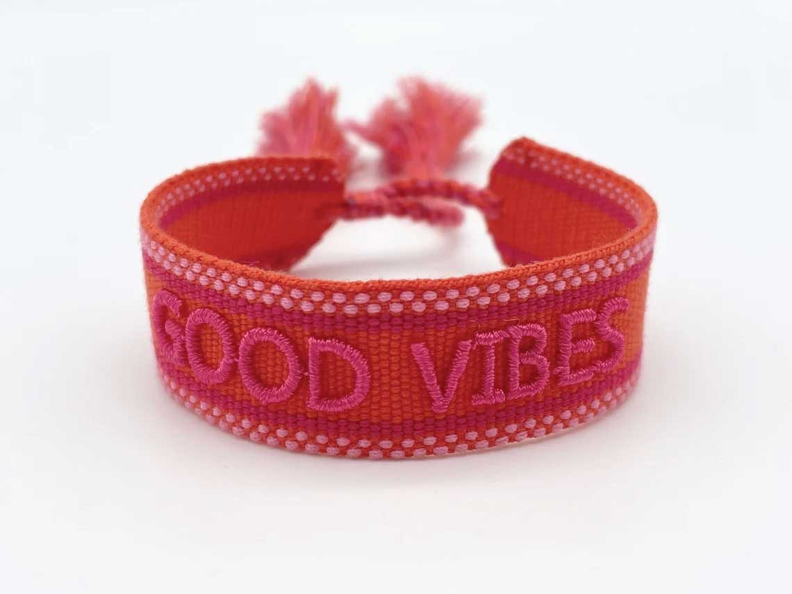 LS-LebenStil Armband Canvas Statement Armband Good Vibes Rot Pink Quasten bestickt (Baumwollarmband Webarmband Armbandliebe Freundschaftsarmband Freundschaftsba – Bild 2 von 5