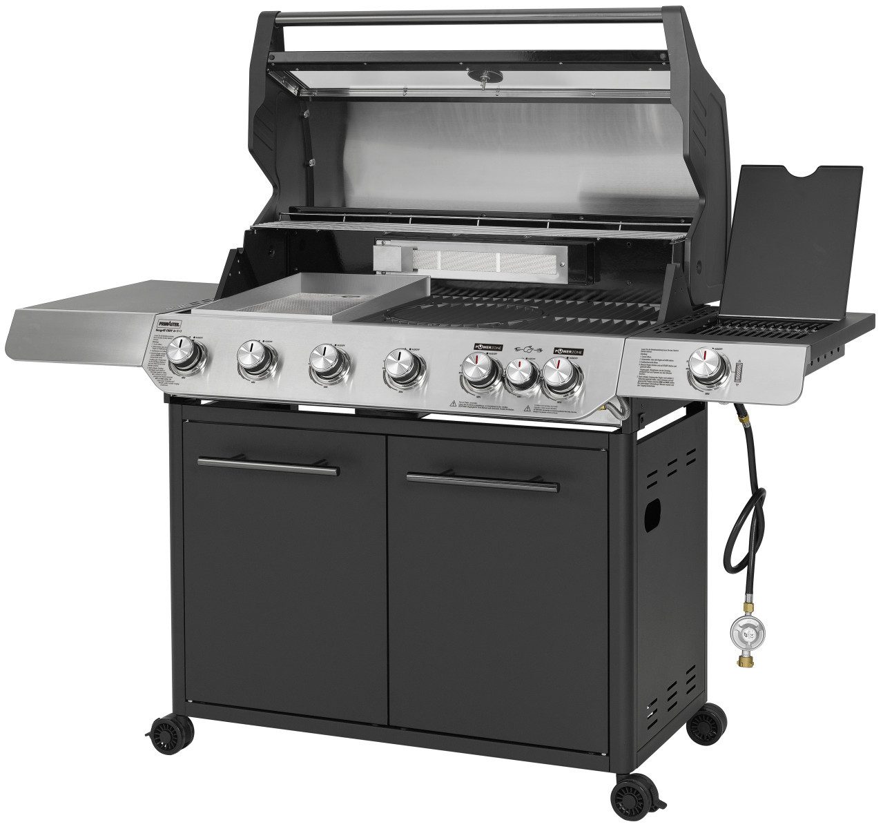Primaster Gasgrill Primaster Gasgrill Cody Powerzone &, Deckelthermometer Heckbrenner mit Rollen Seitenbrenner