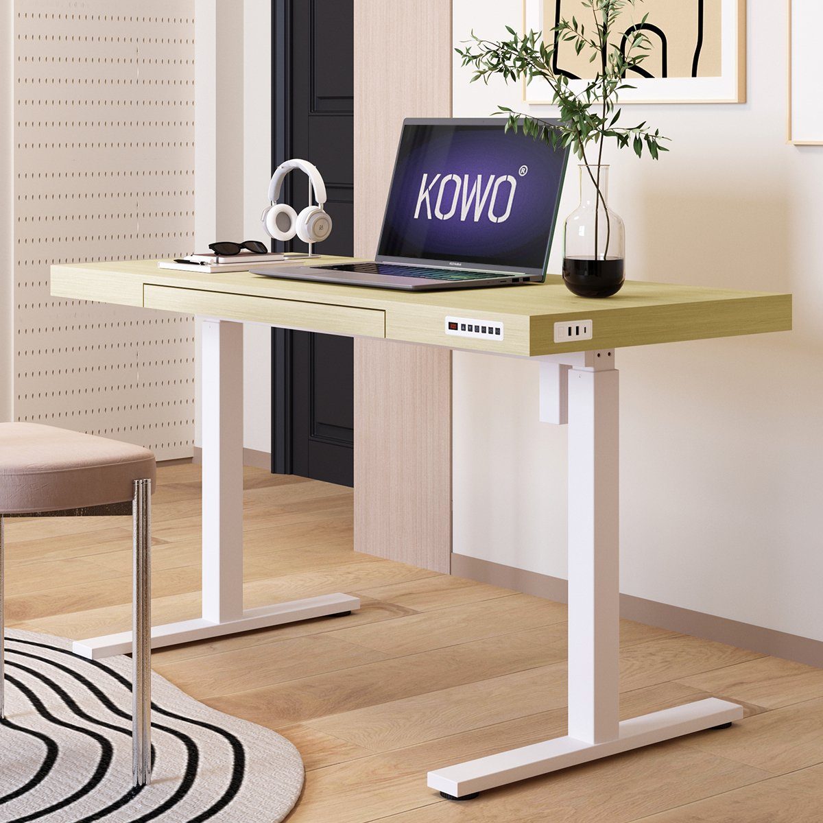 Bürotisch Eiche und Elektrisch Touch Höhenverstellbarer Schreibtisch Schreibtisch Kabelloses Schublade, USB Mobilo, mit mit KOWO Tischplatte, Funktion und mit Laden