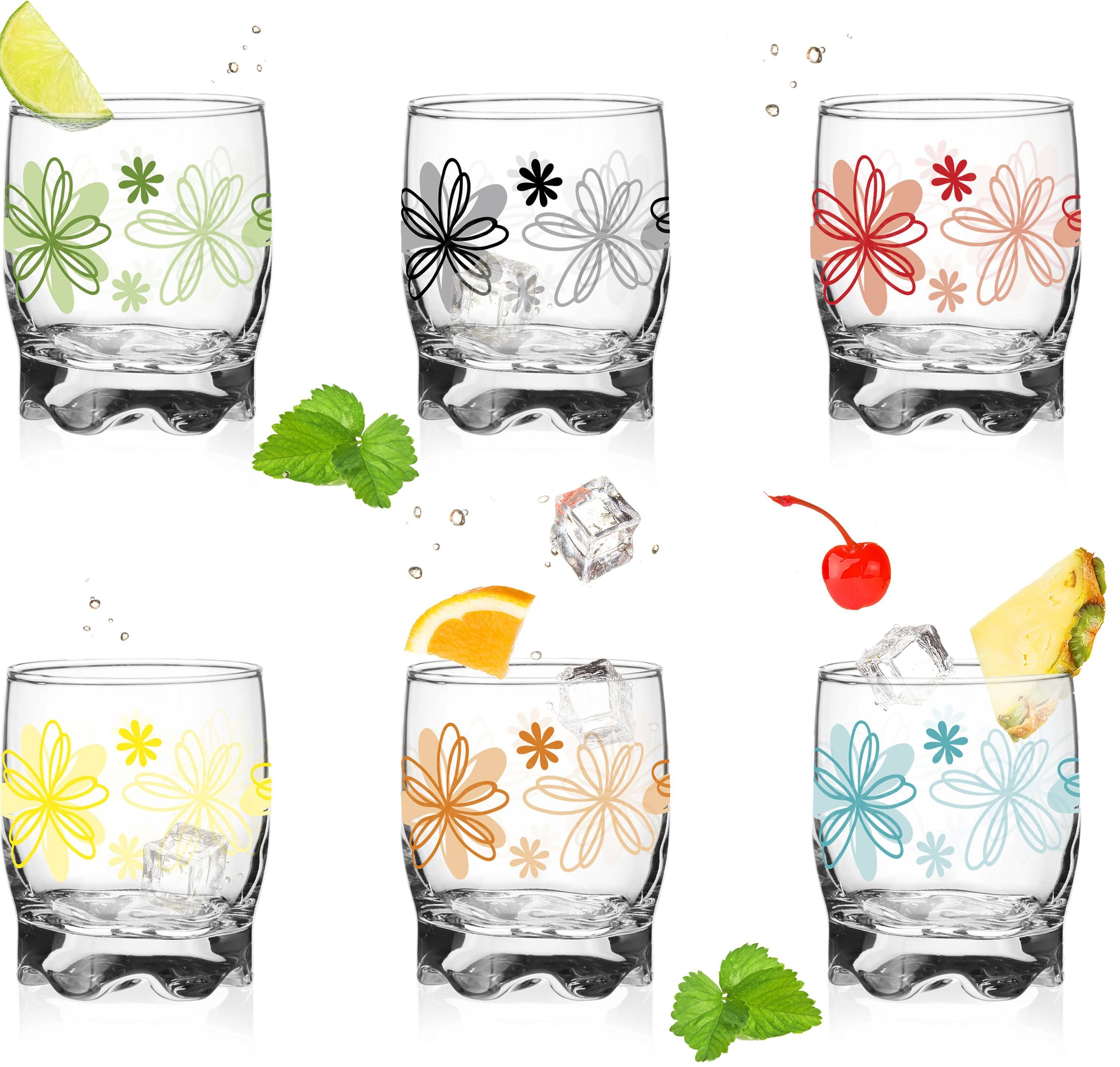 PLATINUX Glas Trinkgläser, Glas, mit Blumen Dekor Set 6 Teilig 250ml  Wassergläser Saftgläser mit geformten Boden klein