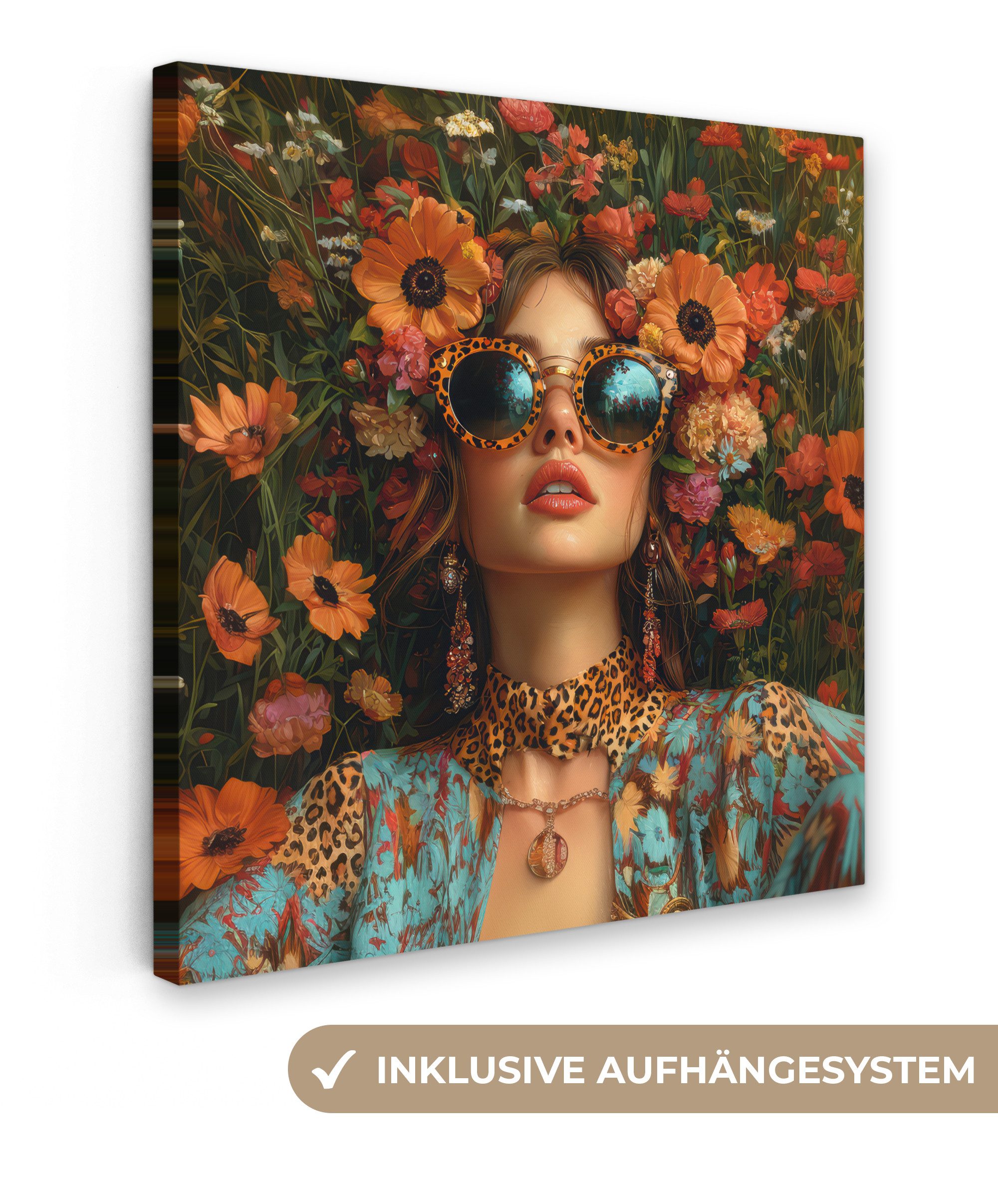 OneMillionCanvasses® Leinwandbild Frauen - Blumen - Modern - Brille - Abstrakt, Fotodruck (1 St), Wandbild, Deko Schlafzimmer Wohnzimmer Flur 20x20 cm