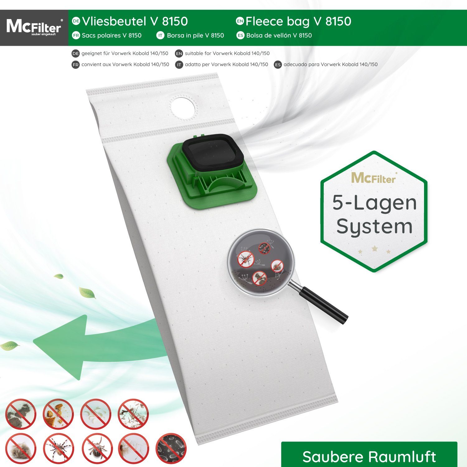 McFilter Staubsaugerbeutel geeignet für Kobold 5-lagig, 140 VK 6 Kunststoffdeckscheibe 150, FP FP VK Staubverschluss mit 150 St., 140 Mikrovlies, Vorwerk