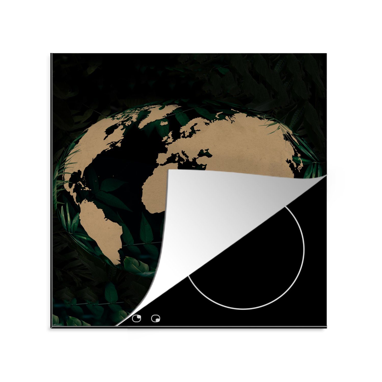 MuchoWow Herdblende-/Abdeckplatte Weltkarte - Globus - Tropische Pflanzen, Vinyl, (1 tlg), 78x78 cm, Ceranfeldabdeckung, Arbeitsplatte für küche