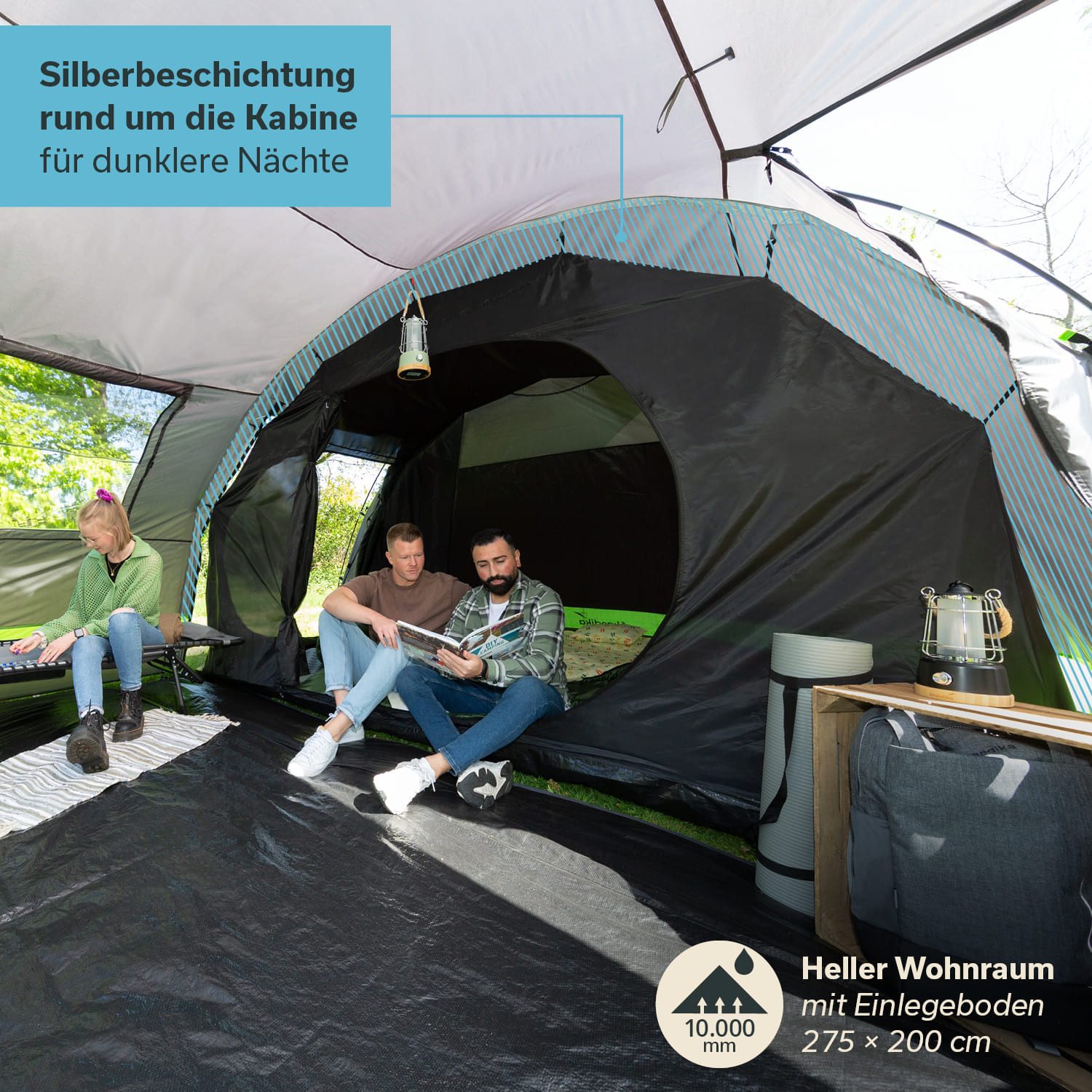 Skandika Tunnelzelt Kambo 4 Familienzelt mit dunkler Schlafkabine, Tragetasche, 3 Eingänge, Personen: 4 (Separater Eingang zur Schlafkabine, Haken für Lampenaufhängung), Wasserdicht, 3000 Wassersäule, Moskitonetz an Schlafkabine und Fenster