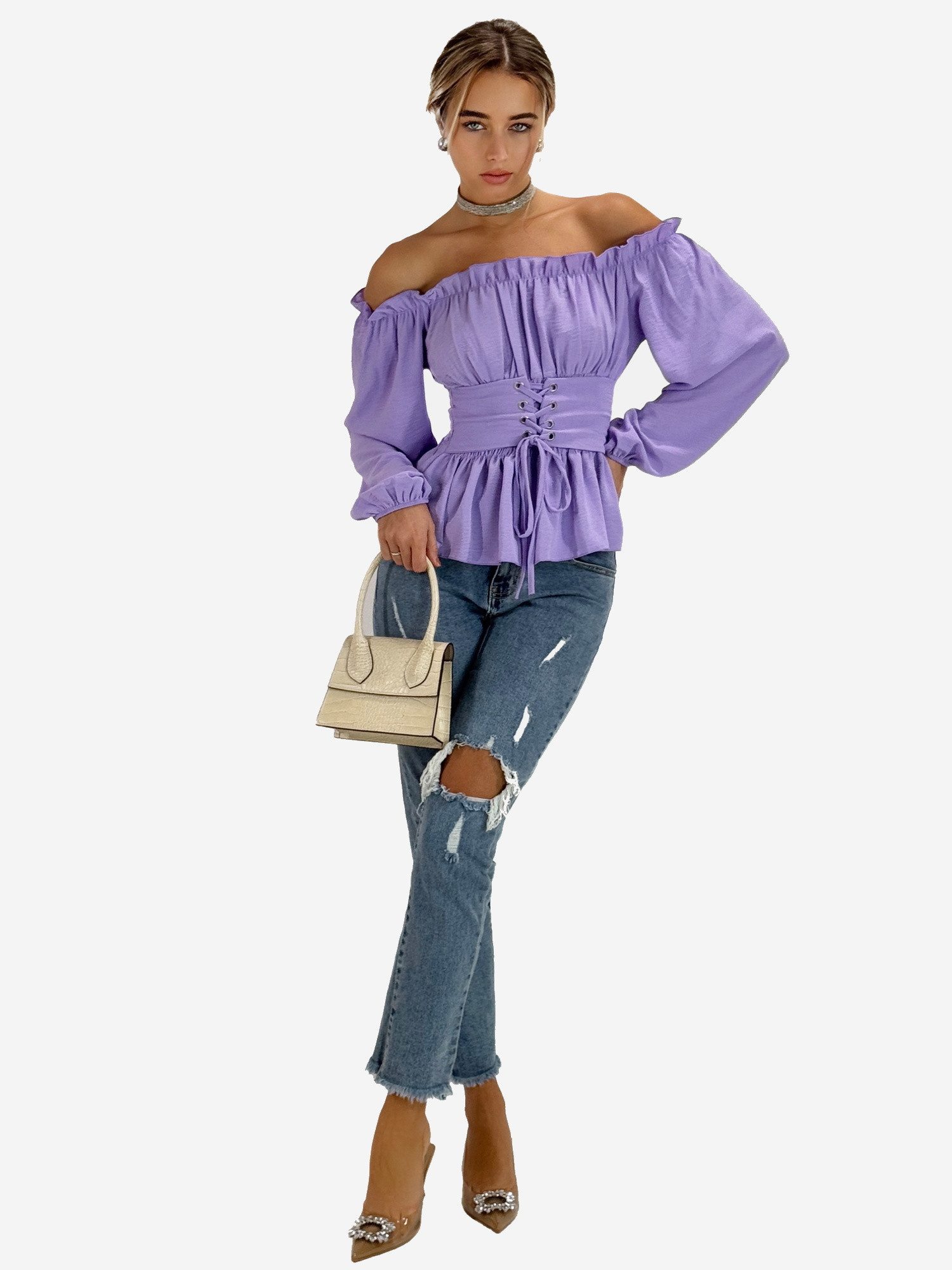 Elara Blusentop Damen Carmenbluse mit Schnürung, Smokbund und Ballonärmeln