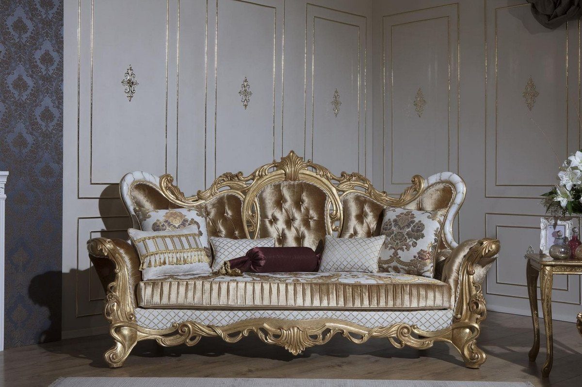 / Möbel Barock x Gold x dekorativen Muster - 108 Kissen Gold Barock cm Padrino Weiß 122 elegantem und Sofa - Prunkvolle H. mit / Sofa Casa Luxus Wohnzimmer 248 Sofa