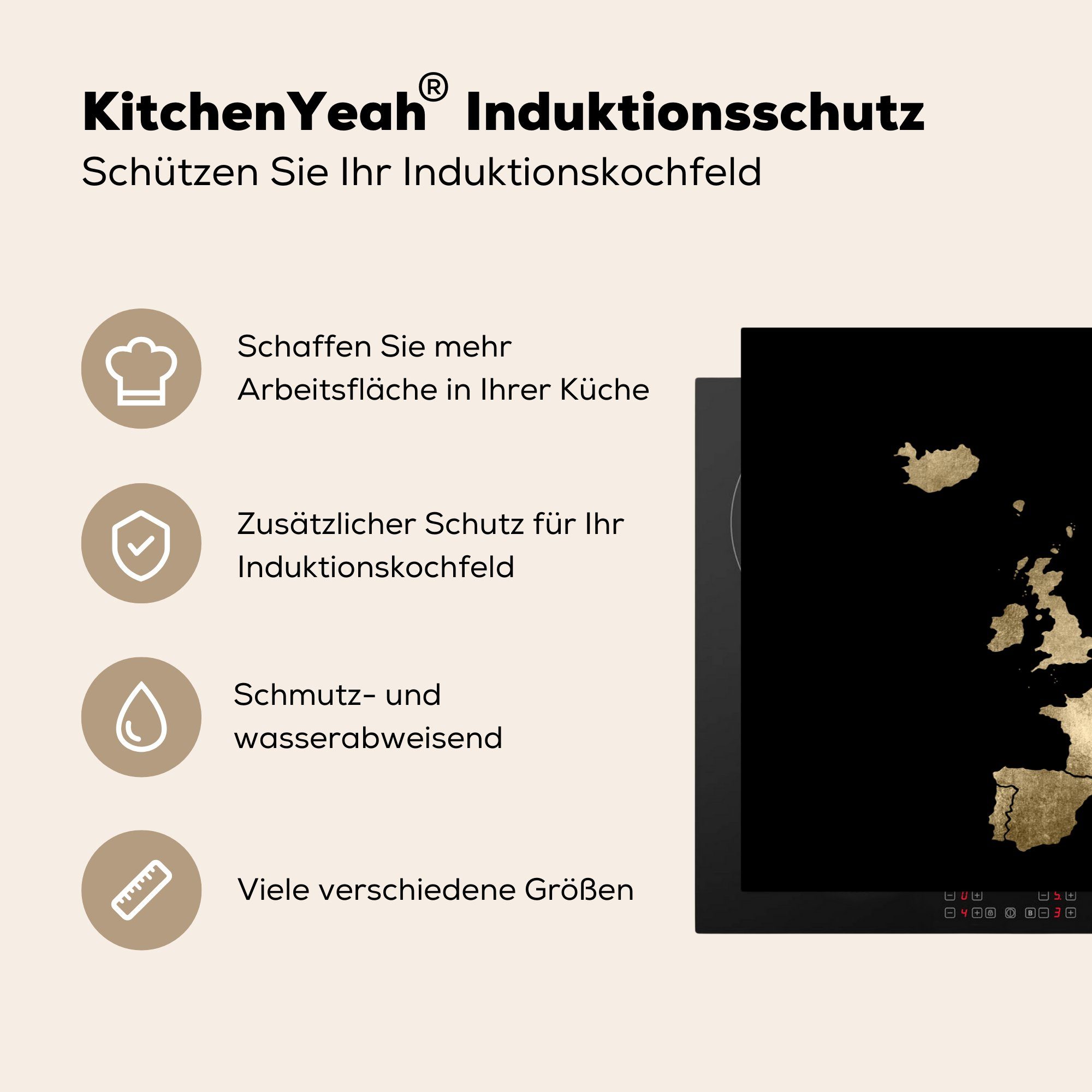 Karte - küche, - Induktionskochfeld cm, Europa Gold, Schutz 81x52 MuchoWow Herdblende-/Abdeckplatte für Vinyl, (1 die Ceranfeldabdeckung tlg),