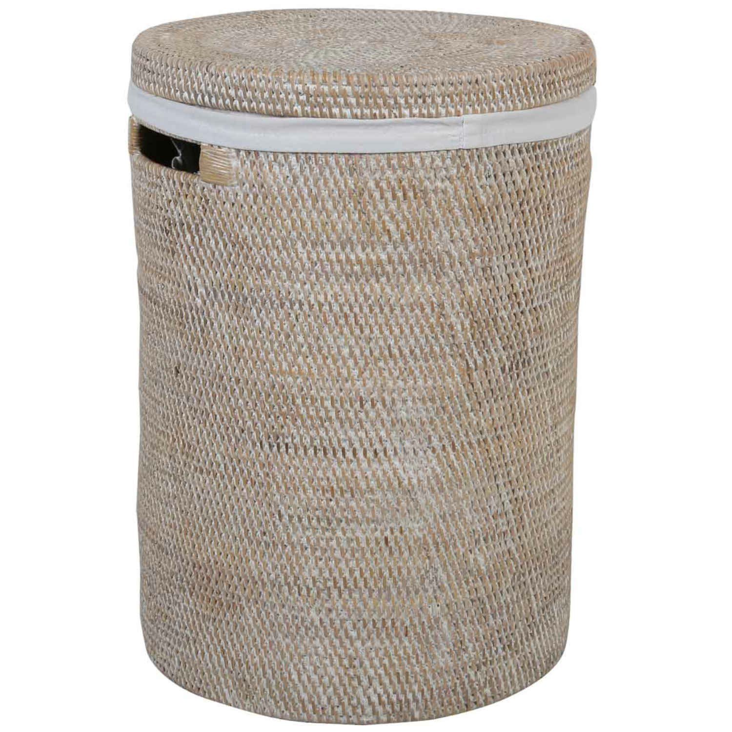 Casa Moro Wäschekorb Rattan Wäschebehälter Cleo Weiß rund mit Deckel & Innenfutter (Designer Weide Korb, Aufbewahrungskorb rustikal geflochten, Rattan Korb rund), Boho Chic Wäschesammler mit Griff