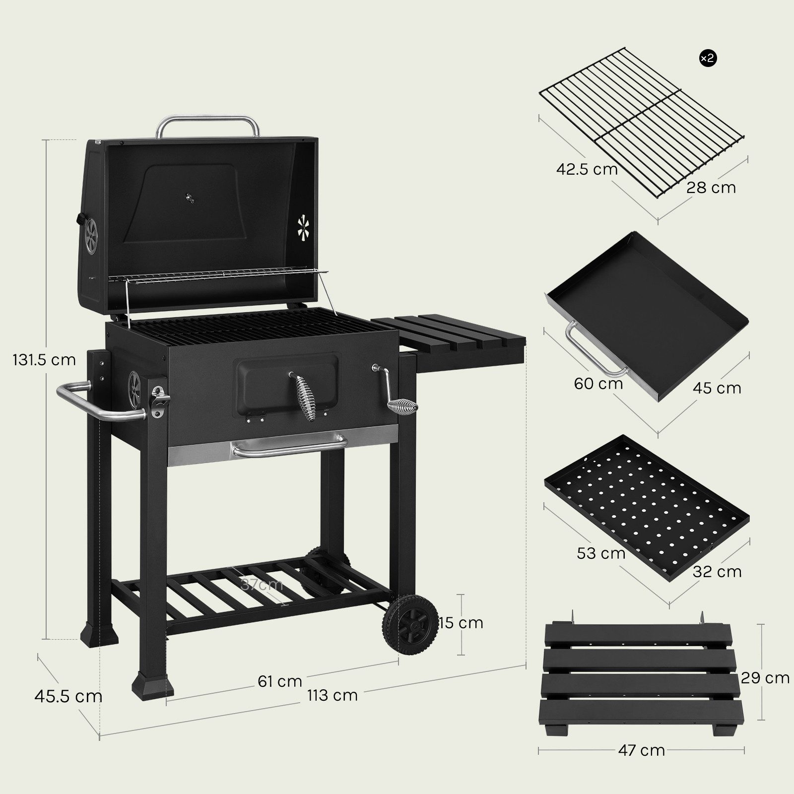 Woltu Holzkohlegrill, Kohlewanne höhenverstellbar Standgrill Barbecue Grill mit Räder