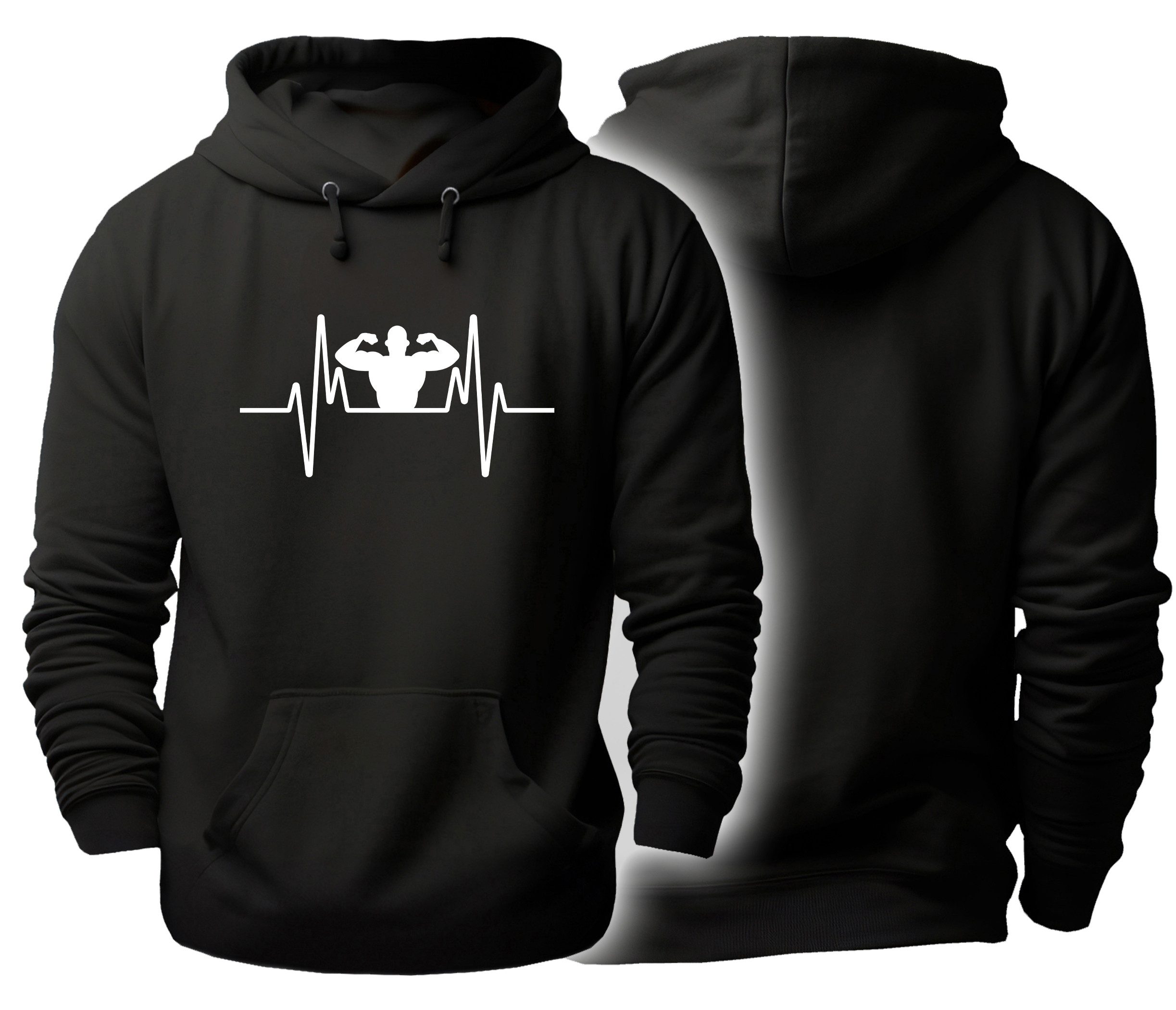 MyDesign24 Hoodie Kapuzen Pullover - Herzschlaglinie mit Bodybuilder schwarzer Kapuzensweater Gr.M i567