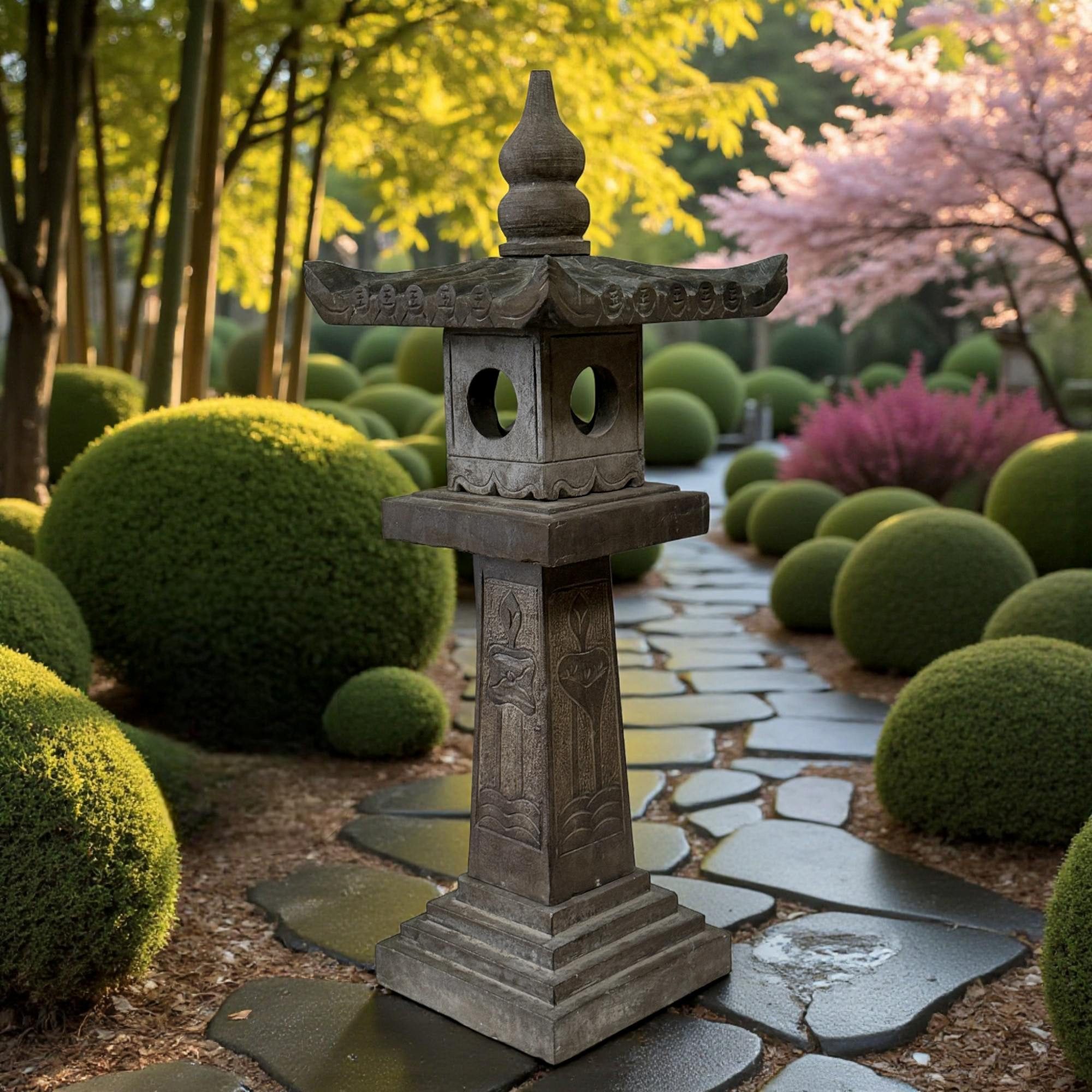 Asien LifeStyle Gartenfigur Asiatische Steinlaterne Lotus aus Bluestone – 100 cm