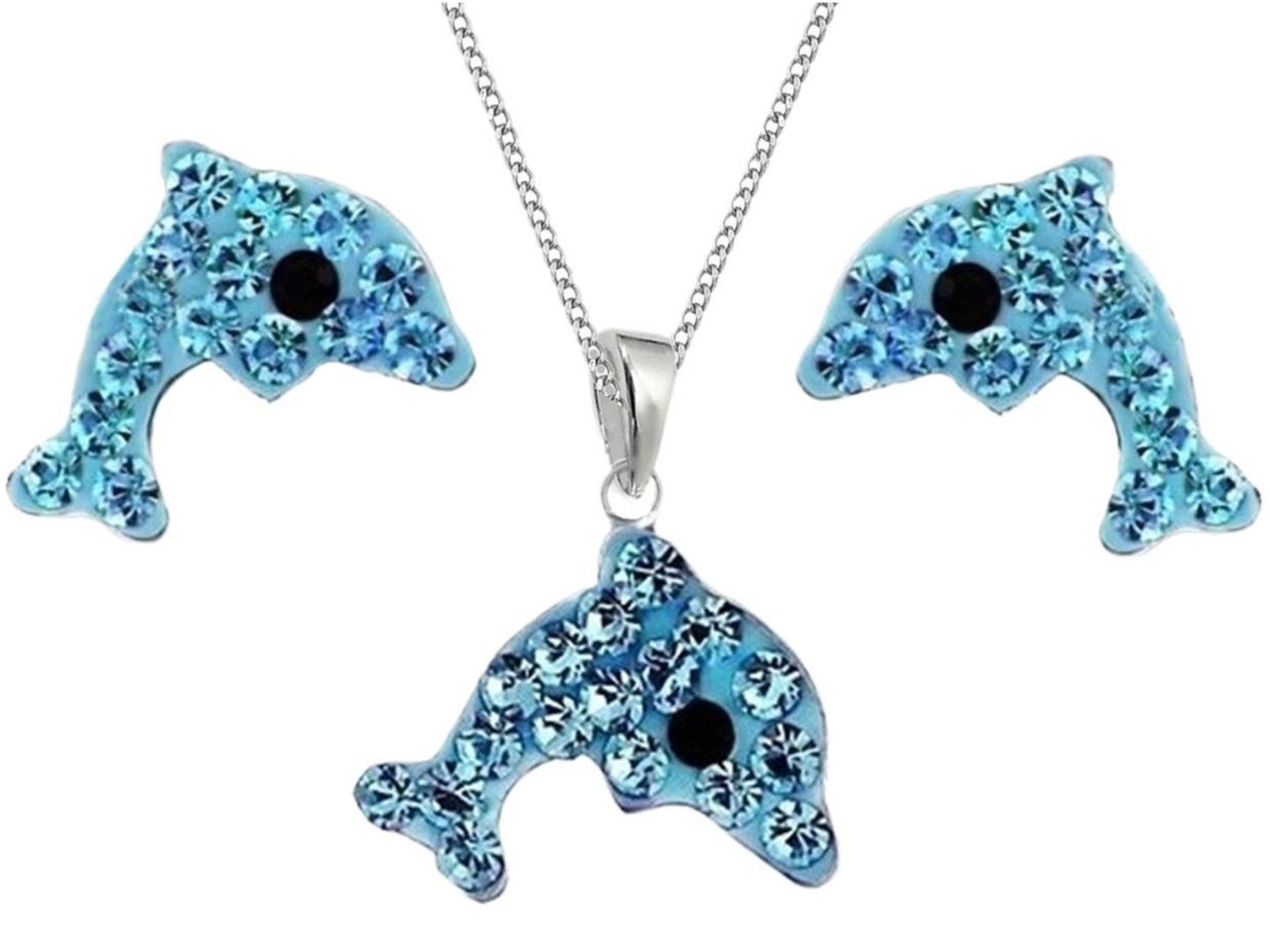 Goldene Hufeisen Schmuckset Kristall Delfin Set Anhänger 38cm Kette Ohrstecker 925 Silber (4-tlg, inkl. Etui), Mädchen Kinder Geschenkset