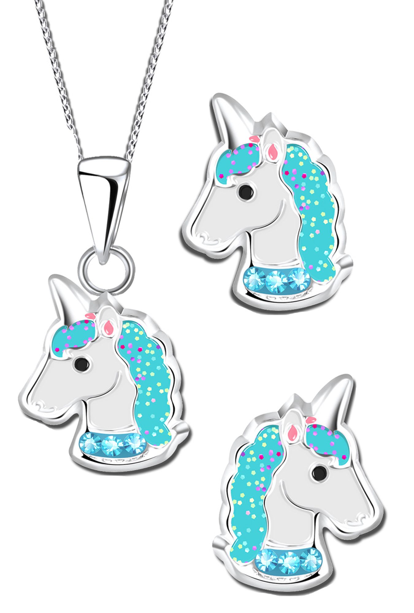 Limana Ювелирные изделияset 925 Silber Einhorn Pferde Halskette Kette mit Ohrringe Ohrstecker (inkl. Geschenkdose mit Gravur), Geschenkidee Geschenk für Kinder Mädchen Echtschmuck Glitzer