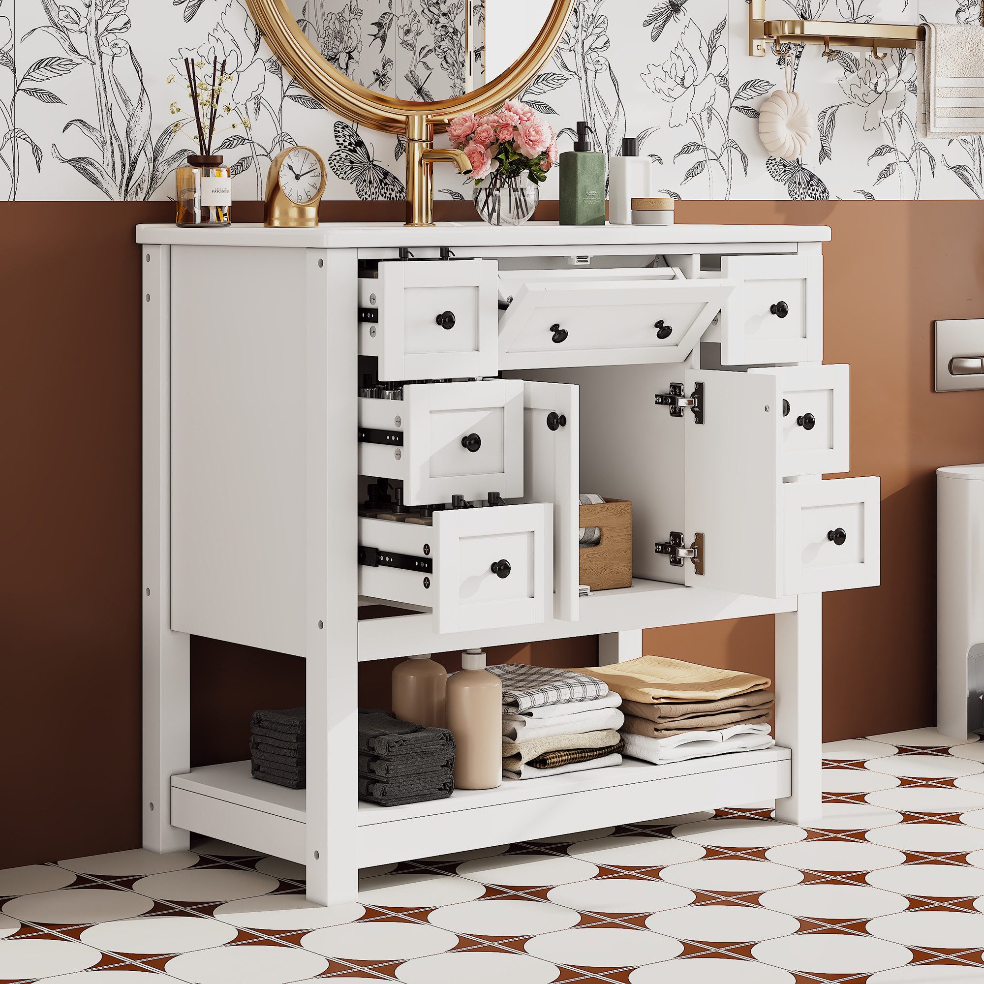 HAUSS SPOLE Waschbeckenunterschrank mit 6 Schubladen und Keramikwaschbecken,Waschtisch mit Griffe,Weiß (Badezimmerwaschbeckenunterschrank mit Soft-Close-Schubladenführung) Badezimmerwaschtisch Badmöbel mit MDF-Korpus und Massivholzbeinen