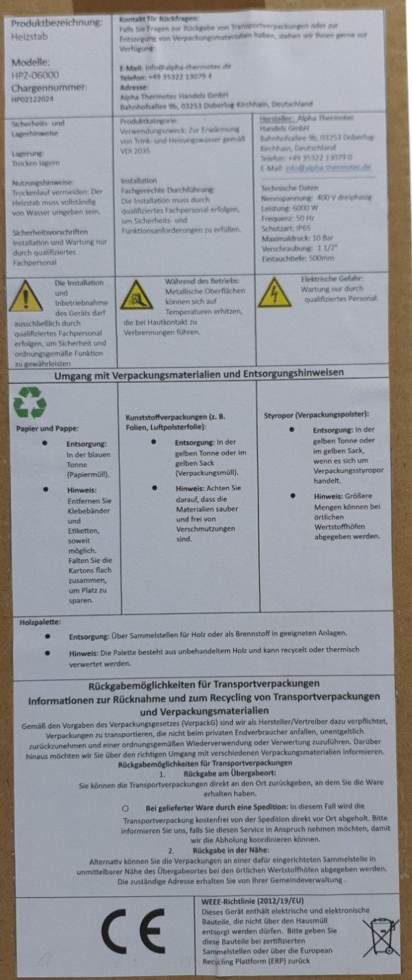 Alpha Thermotec Heizstab Heizpatrone HPZ isolierte Ausführung, schwarz – Bild 4 von 5