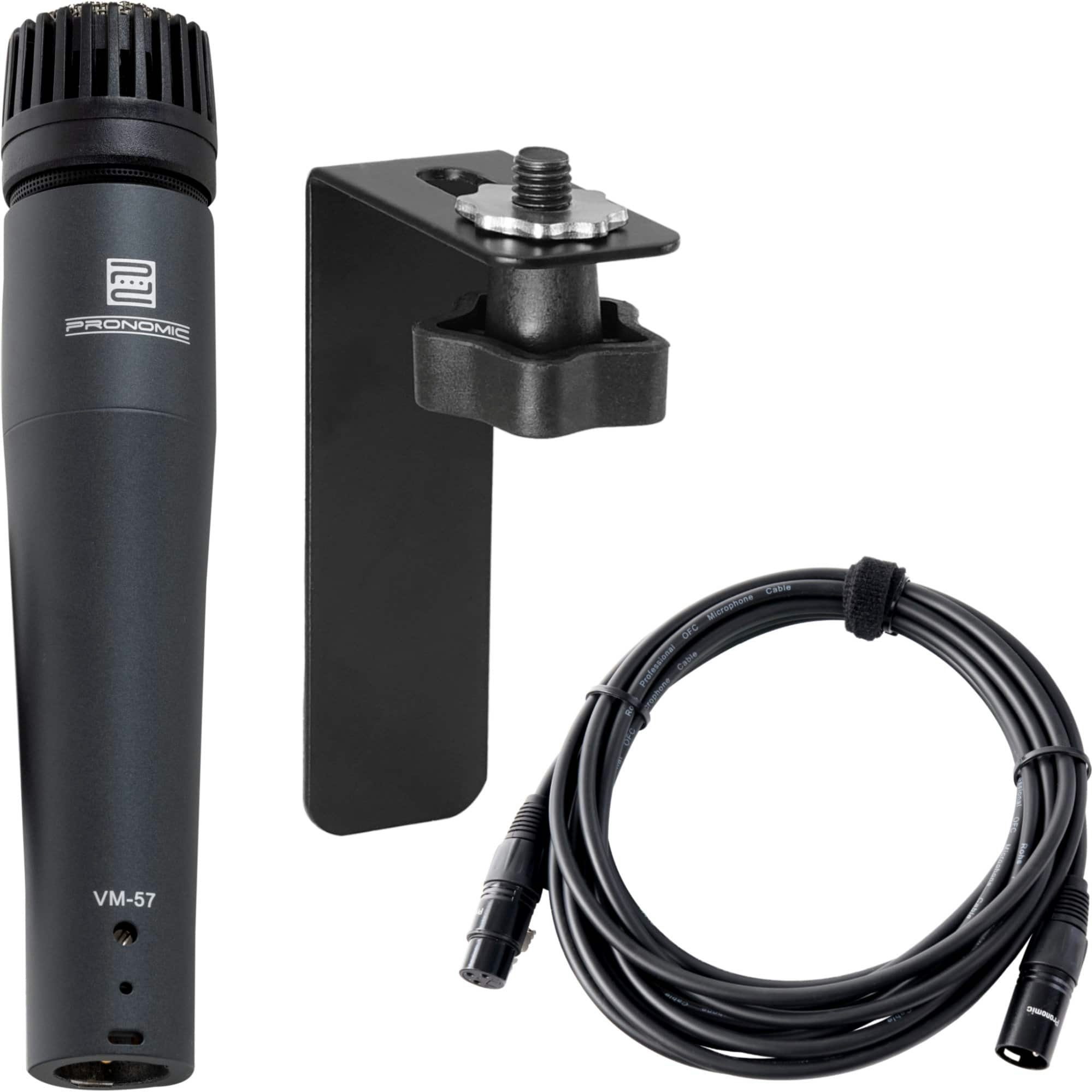 Pronomic Mikrofon VM-57 MkII Dynamisches Instrumenten-Mikrofon inkl. Stativadapter (Set inkl. Mikrofonhalterung für Cajon & Mikrofonkabel), besonders für hohe Schalldrücke geeignet
