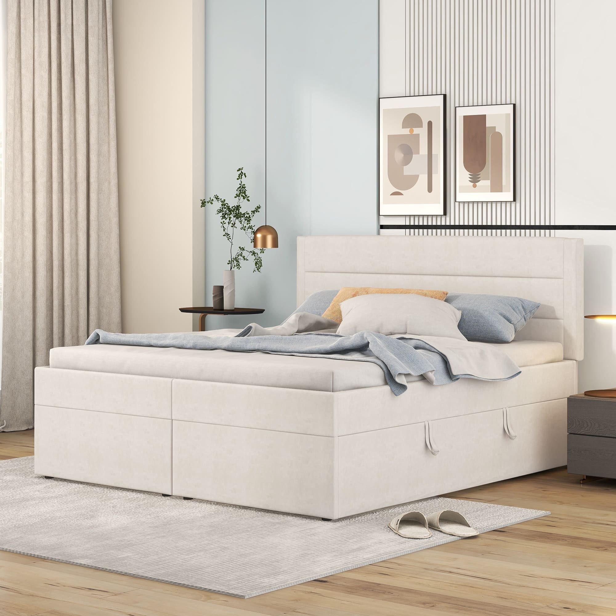 Ulife Upholstered Bed 140x200 with Metal Frame & Storage Space (Beige)