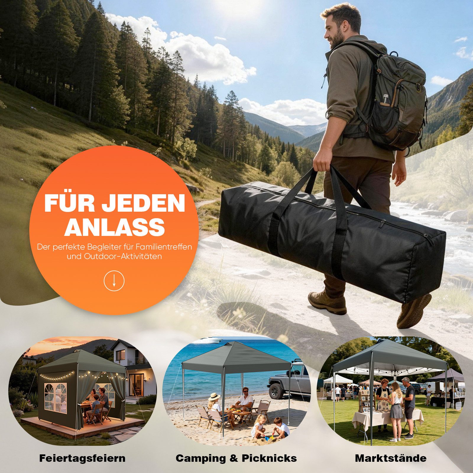 Huracan Faltpavillon Gartenpavillon 2,5x2,5m / 3x3m mit 4 abnehmbaren Seitenwänden, mit 4 Seitenteilen, PU1500mm wasserdicht, 3-fach höhenverstellbar Pop Up Pavillon