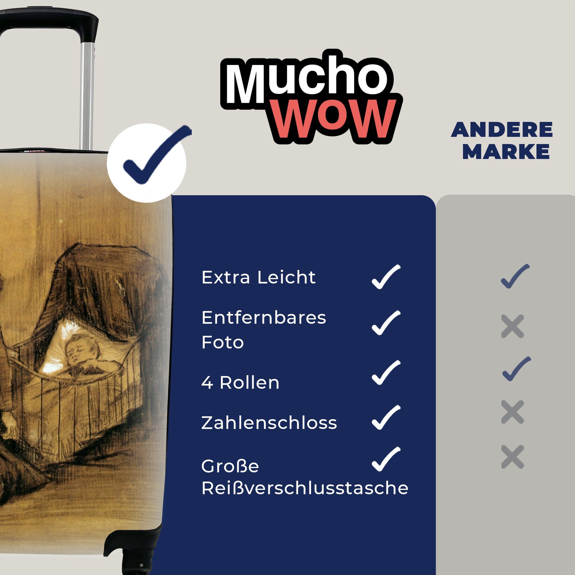 MuchoWow Handgepäckkoffer Mädchen kniend Gogh, Ferien, bei mit Reisetasche - Trolley, 4 van Rollen, einer Handgepäck Vincent Wiege rollen, Reisekoffer für