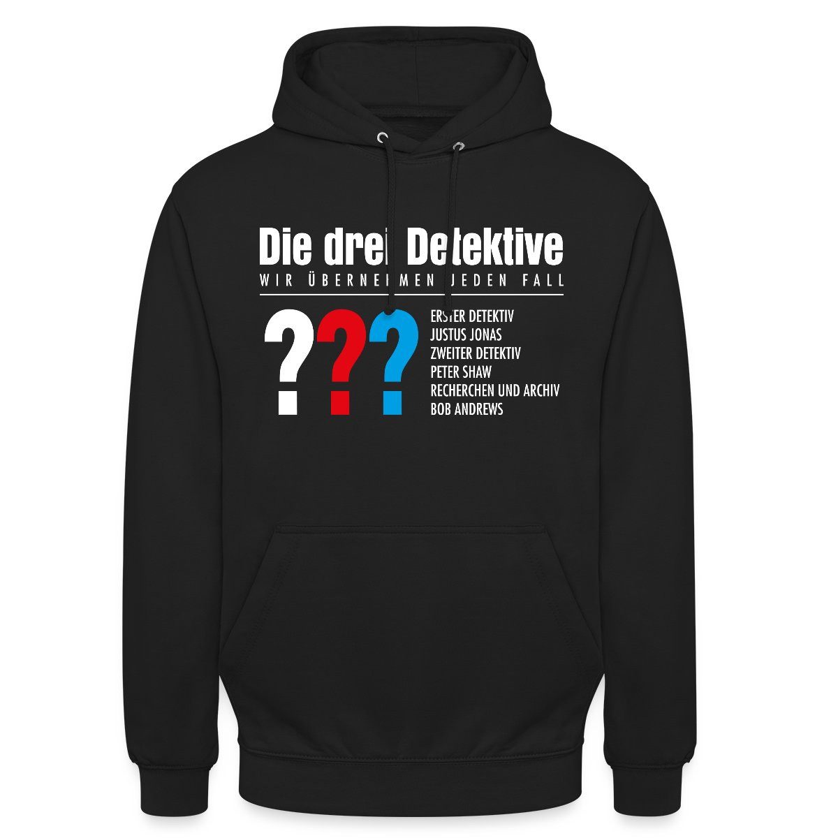 Spreadshirt Hoodie Die Drei Fragezeichen Detektive Visitenkarte Unisex Hoodie (1-tlg) Unisex-Schnitt: Sitzt bei Männern körpernah, bei Frauen weit