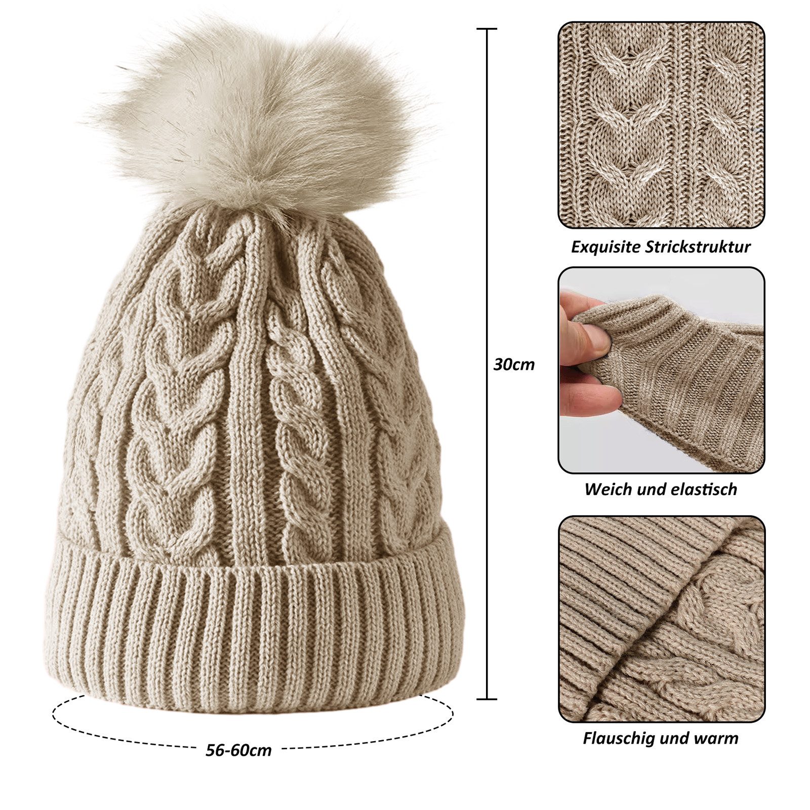 TAN.TOMI Strickmütze Beanie Damen Warm, Mütze Damen Herbst Winter Federnd (Strickmützen Mit Fleece Gefüttert) Wollmütze Damen Geeignet für Schule, Arbeit, Skifahren, Camping