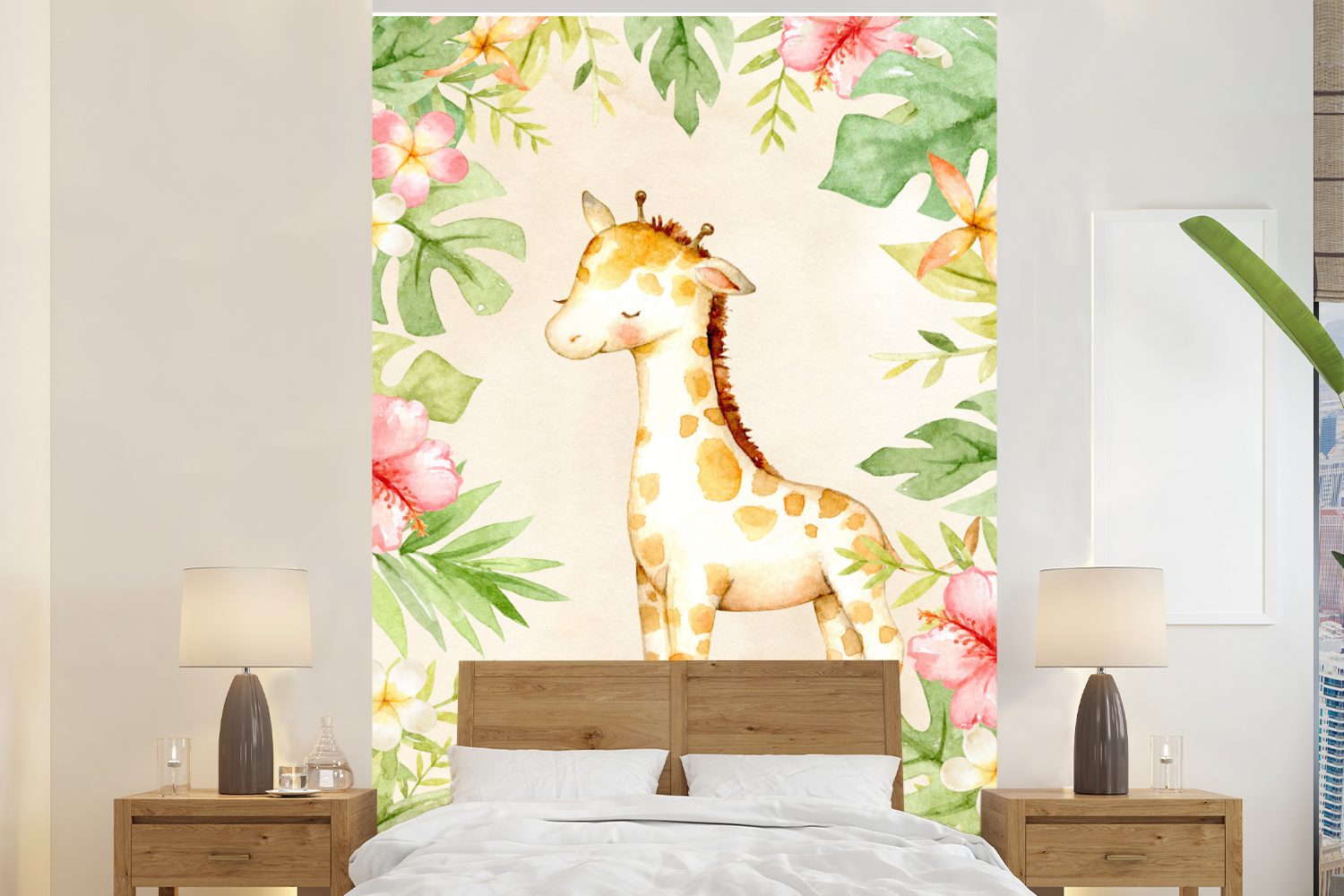 MuchoWow Fototapete Giraffe - Aquarell - Blumen, Matt, bedruckt, (3 St), Montagefertig Vinyl Tapete für Wohnzimmer, Wandtapete