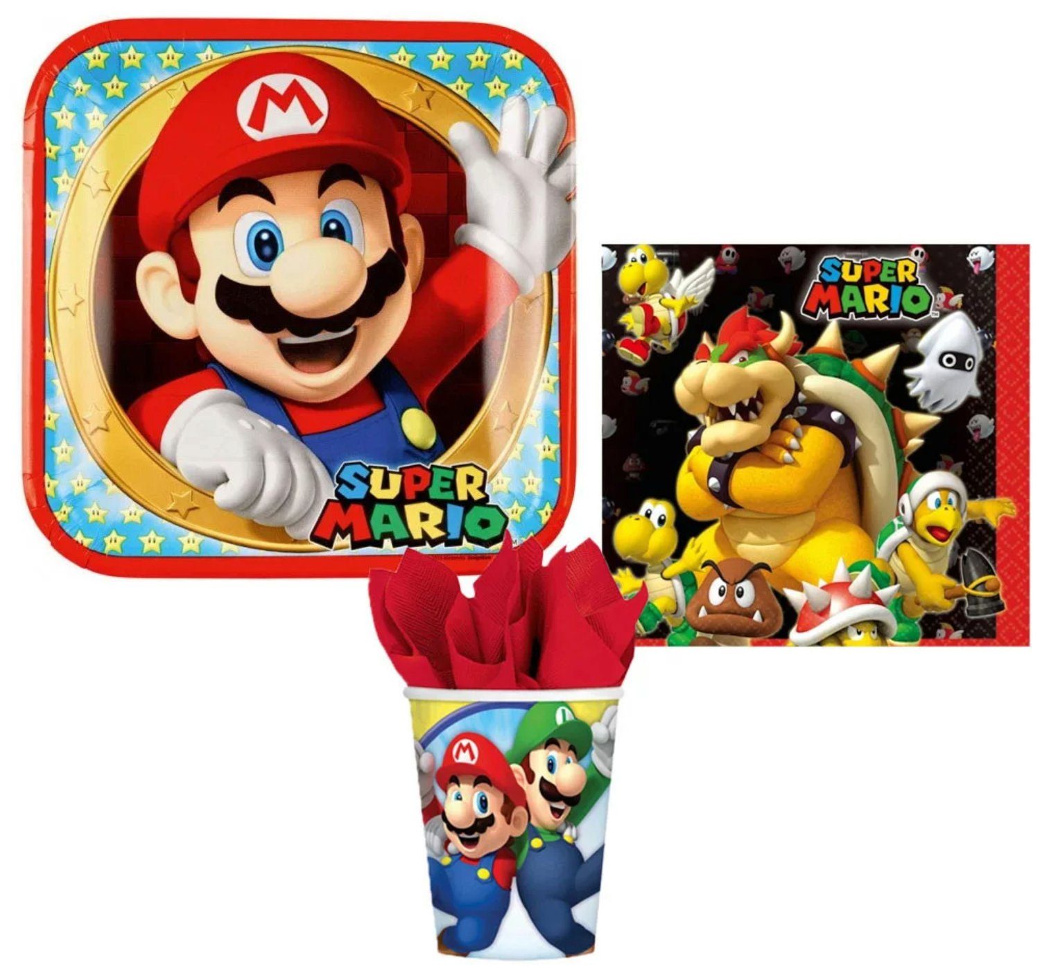 Super Mario Personen, Deko 36tlg. Mario (36-tlg), Kinder Set Kindergeburtstag Super Einweggeschirr-Set Partyset Geburtstag 8 Geschirr