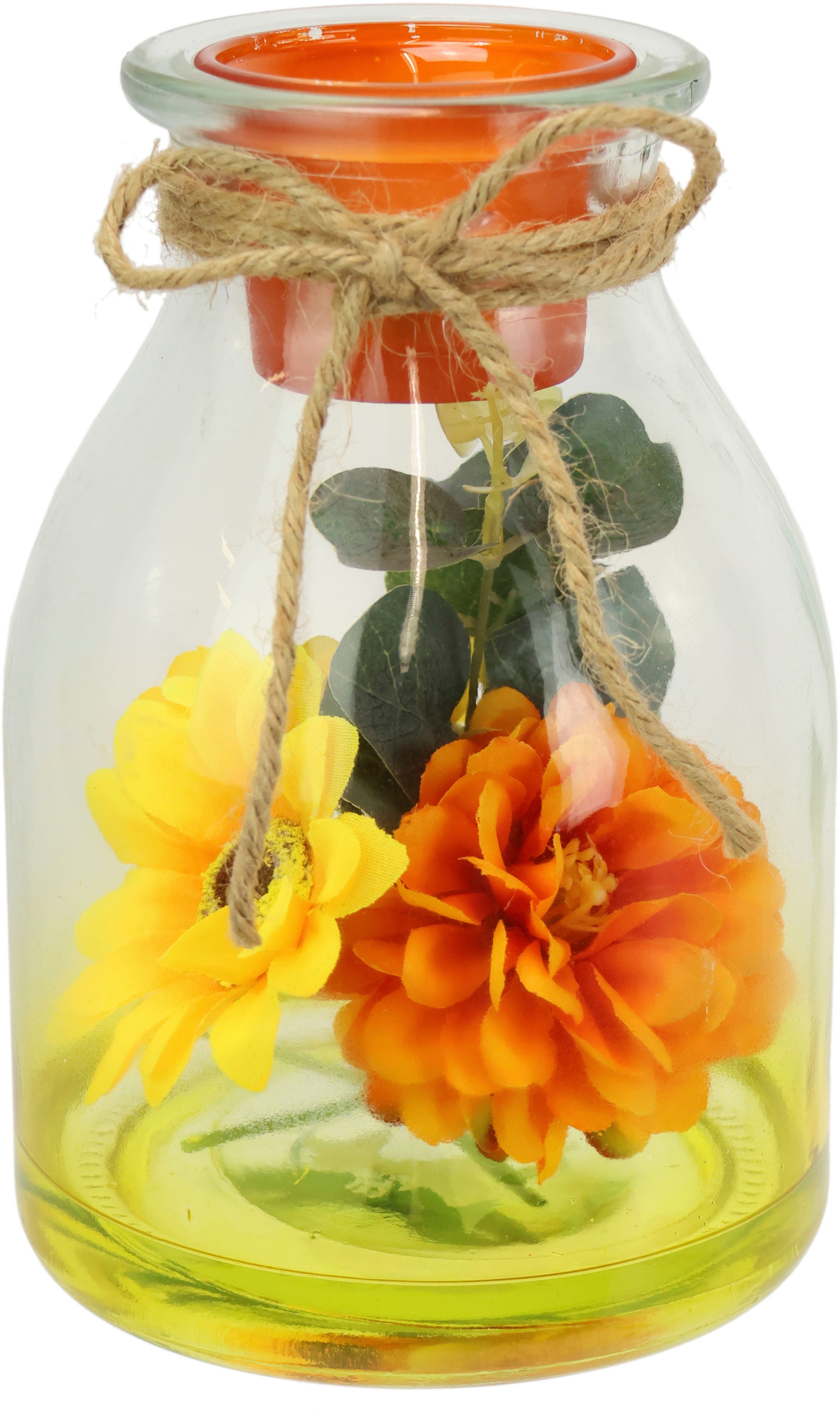 I.GE.A. Teelichthalter Teelichthalter aus Glas mit Teelichtkerze (1 St), Herbstlich dekoriert mit Sonnenblume Dahlie Eukalyptus Kerze Windlicht