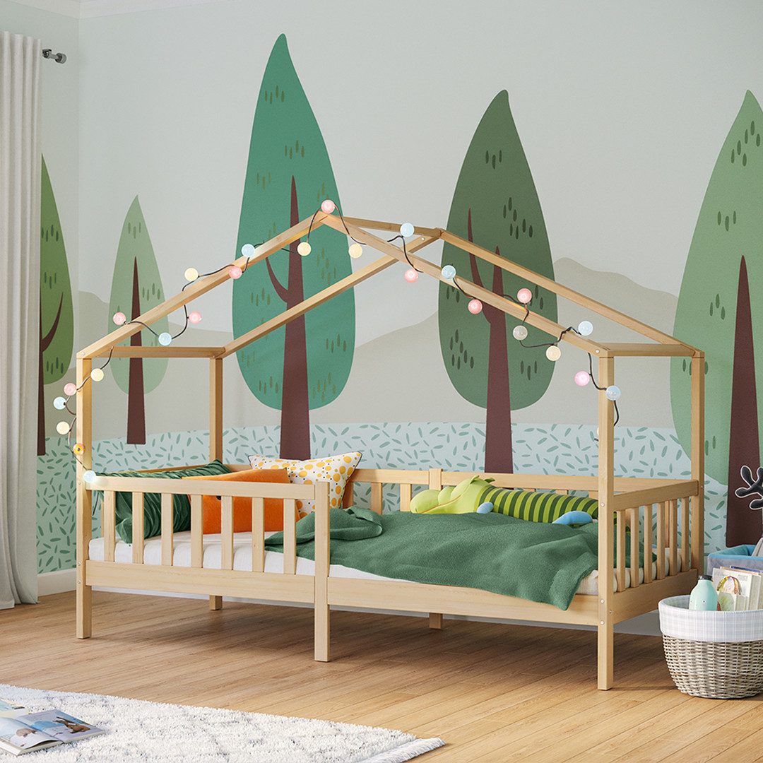 Bellabino Kinderbett Bia mit Rausfallschutz & Lattenrost (natur, optional mit Matratze), Kinderbett aus Kiefernholz, verfügbar in 80x160/90/120/140x200 cm