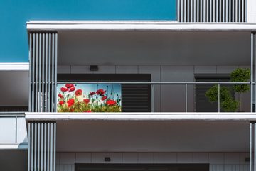 MuchoWow Balkonsichtschutz Mohnblumen - Toskana - Sonne - Rot - Blau (1-St) Balkonbanner, Sichtschutz für den Balkon, Robustes und wetterfest