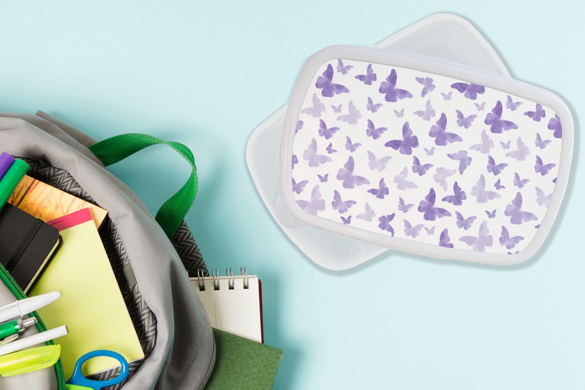 Mädchen für (2-tlg), Lila Brotdose, MuchoWow Schmetterling und Muster, Kunststoff, für Kinder Erwachsene, weiß und Lunchbox Brotbox Jungs - -