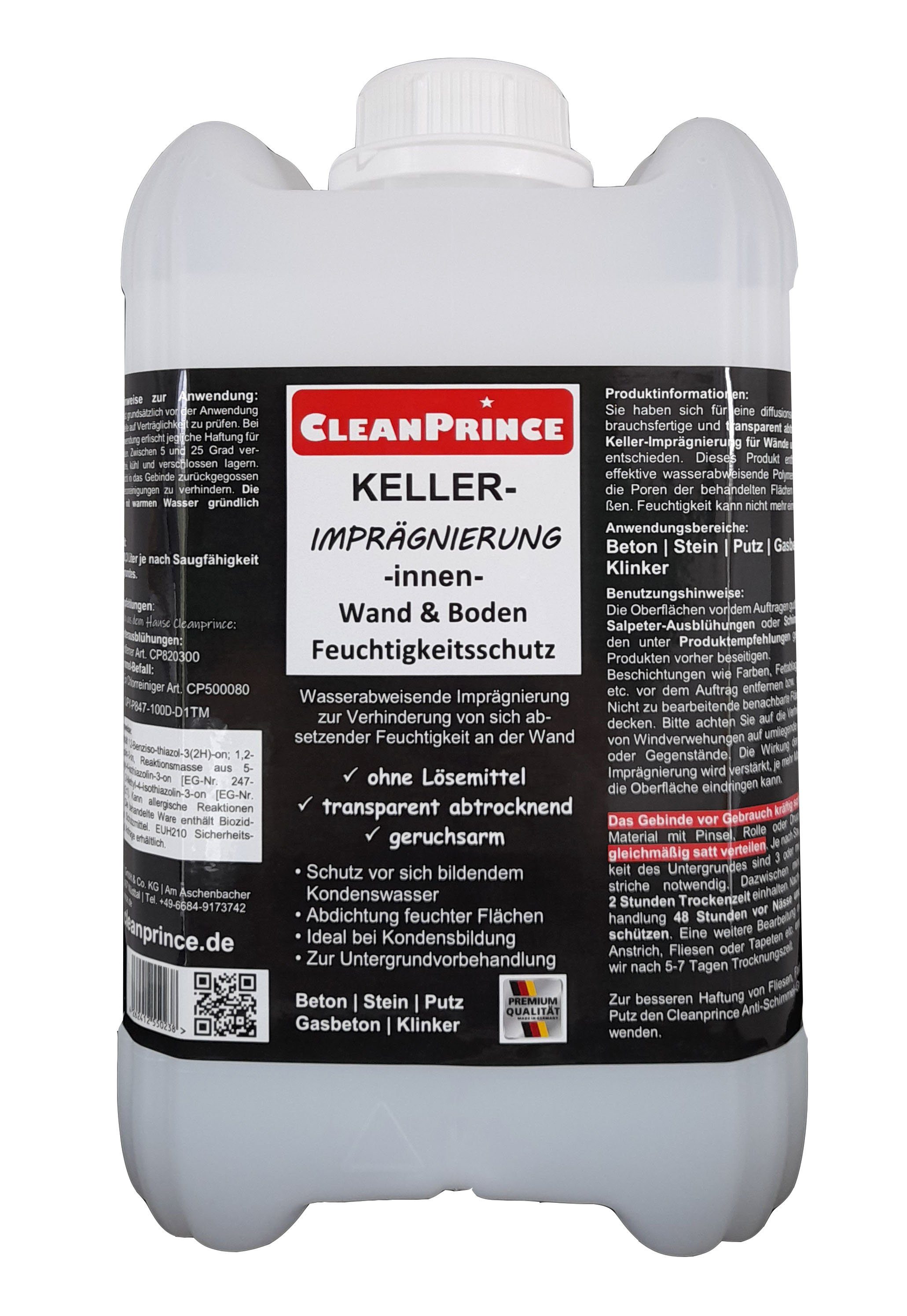 CleanPrince Grundierfarbe Kellerimprägnierung innen Feuchtigkeitsschutz transparent, zur Untergrundvorbehandlung, keine Farbe