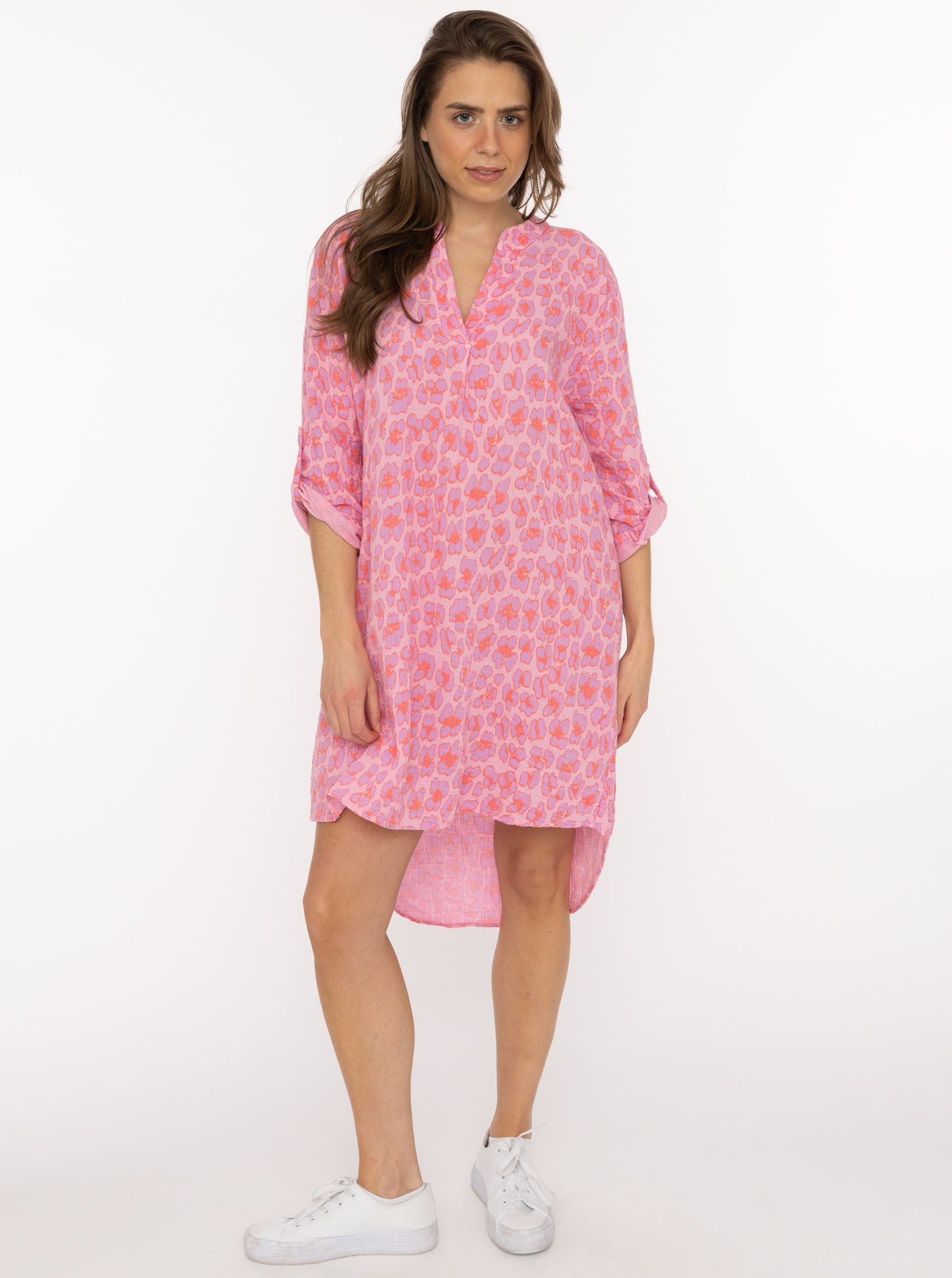 Zwillingsherz Blusentop "Rom" Turn-Up Ärmel, V-Neck. Leo-Muster, Musselin