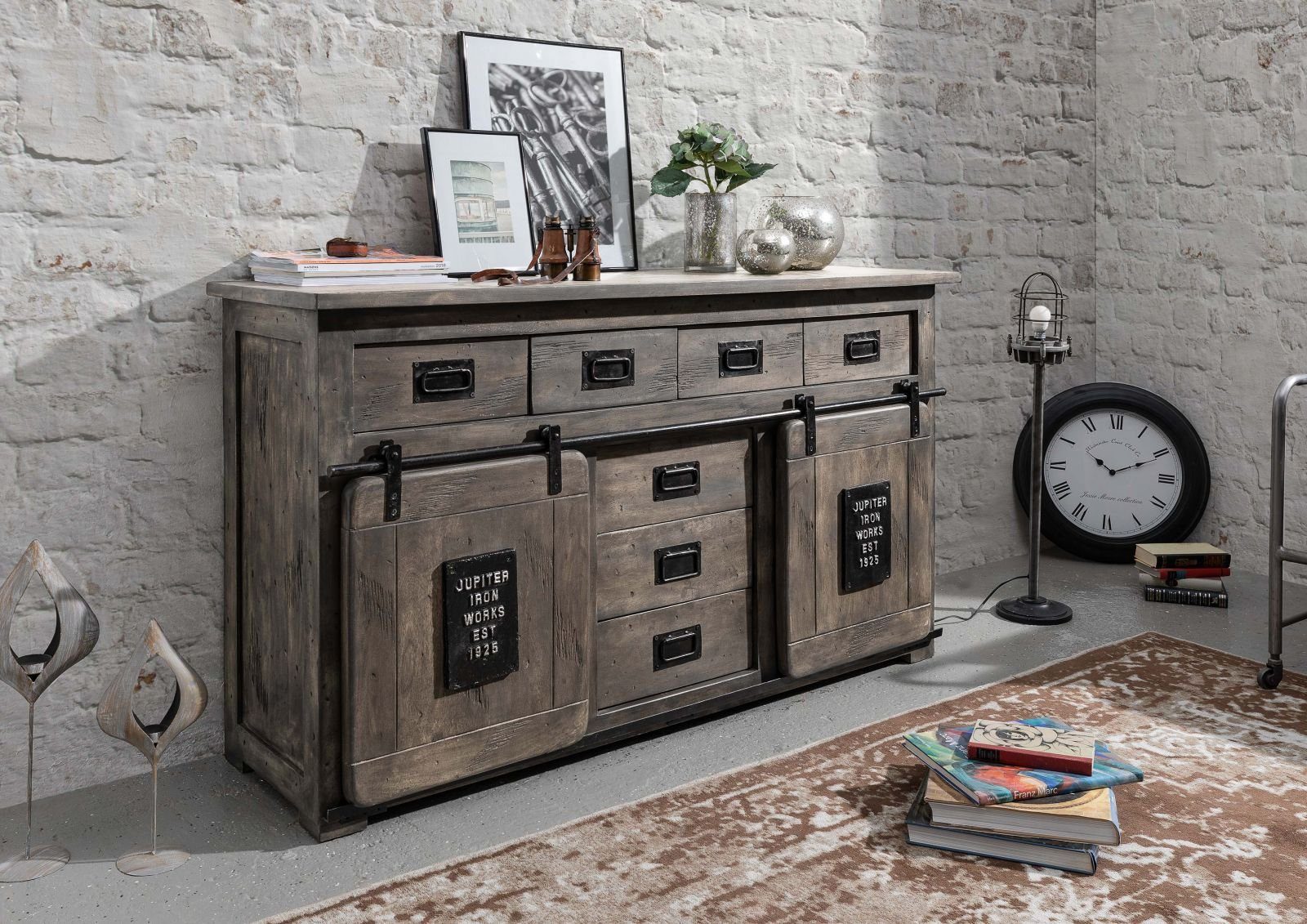 Massivmoebel24 Sideboard RAILWAY (Massivholz), Mango 150x45x90 grau lackiert RAILWAY #219