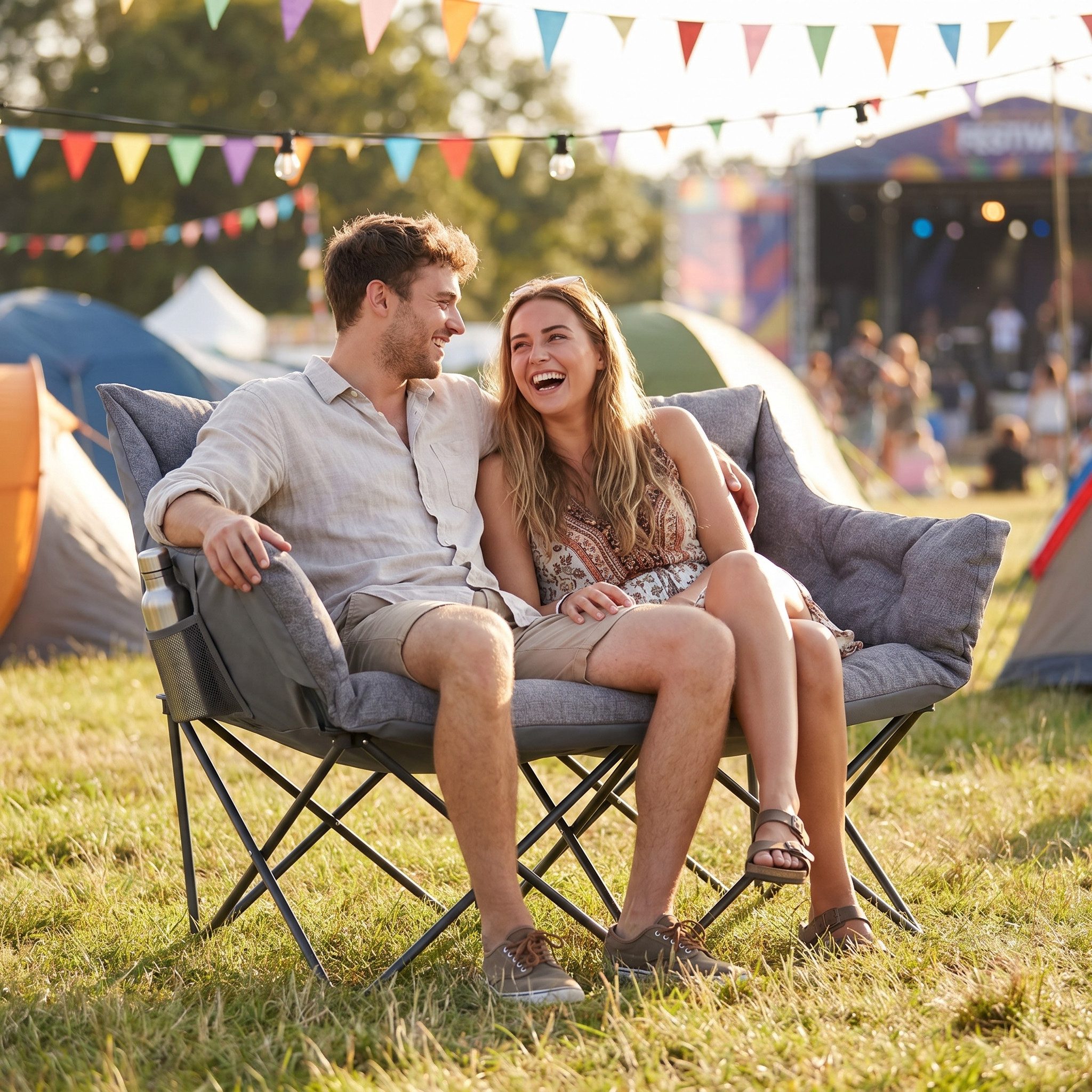 STEELSØN Campingstuhl Hoggar mit Hocker, gepolsterter Klappstuhl mit Seitentasche (grau, 134 cm breit), XXL Campingbank für 2 Personen, Campingsofa bis 320kg
