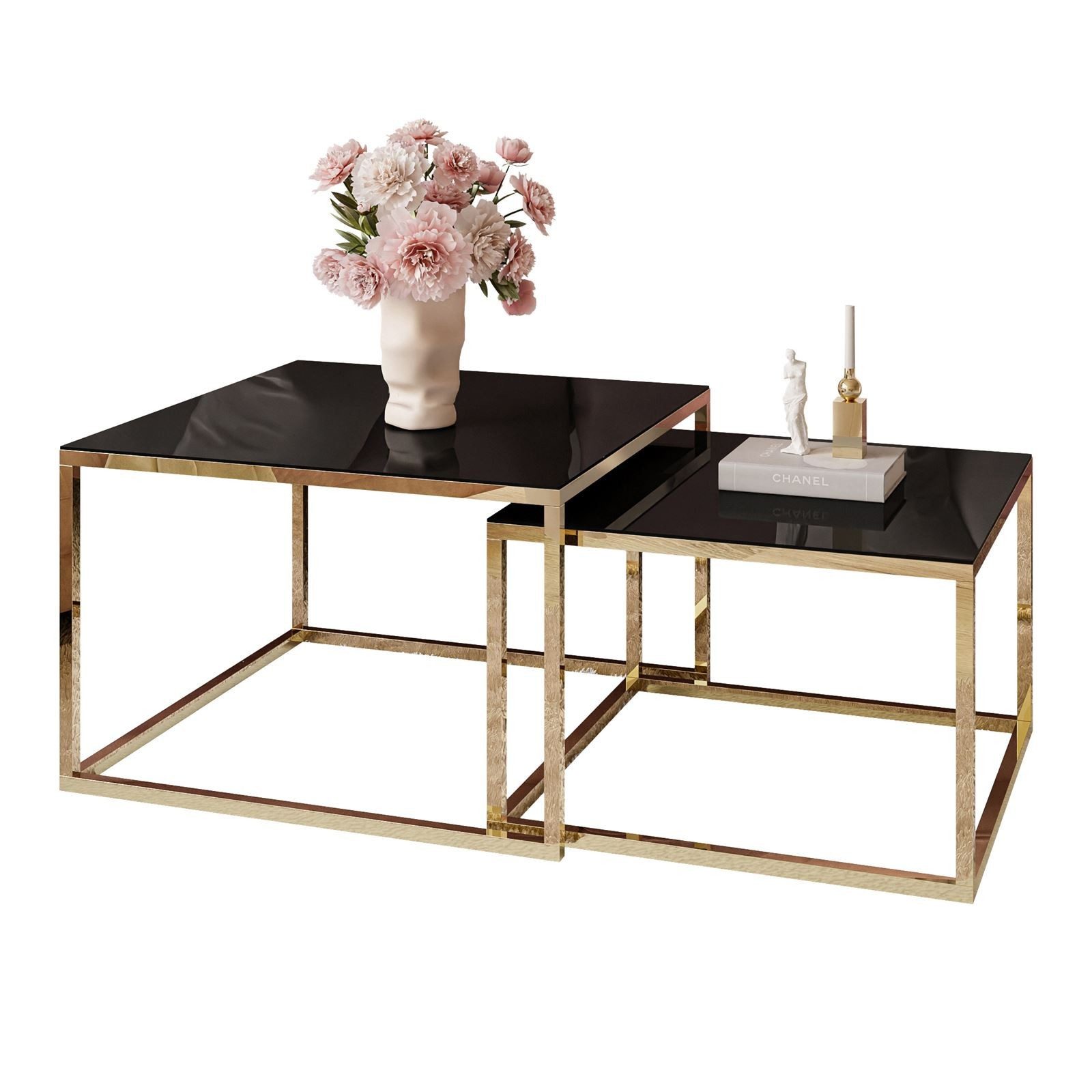 ALLHOUSE24 Couchtisch 2 in 1 MAYA GLAS goldverchromte Metallgestell Sofatisch Tisch SET (2er Set), Breite 70 cm
