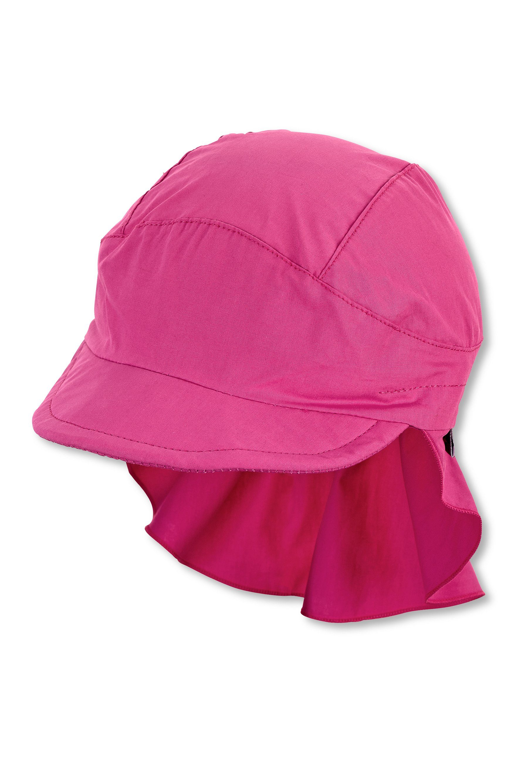 magenta bedruckt Sterntaler® Kindermütze Nackenschutz (1-St., Schirm UV-Sonnenschutz Schirmmütze mit mit aus mit UV-Popeline 50) unifarben Beanie Sternen Erstlingsmütze