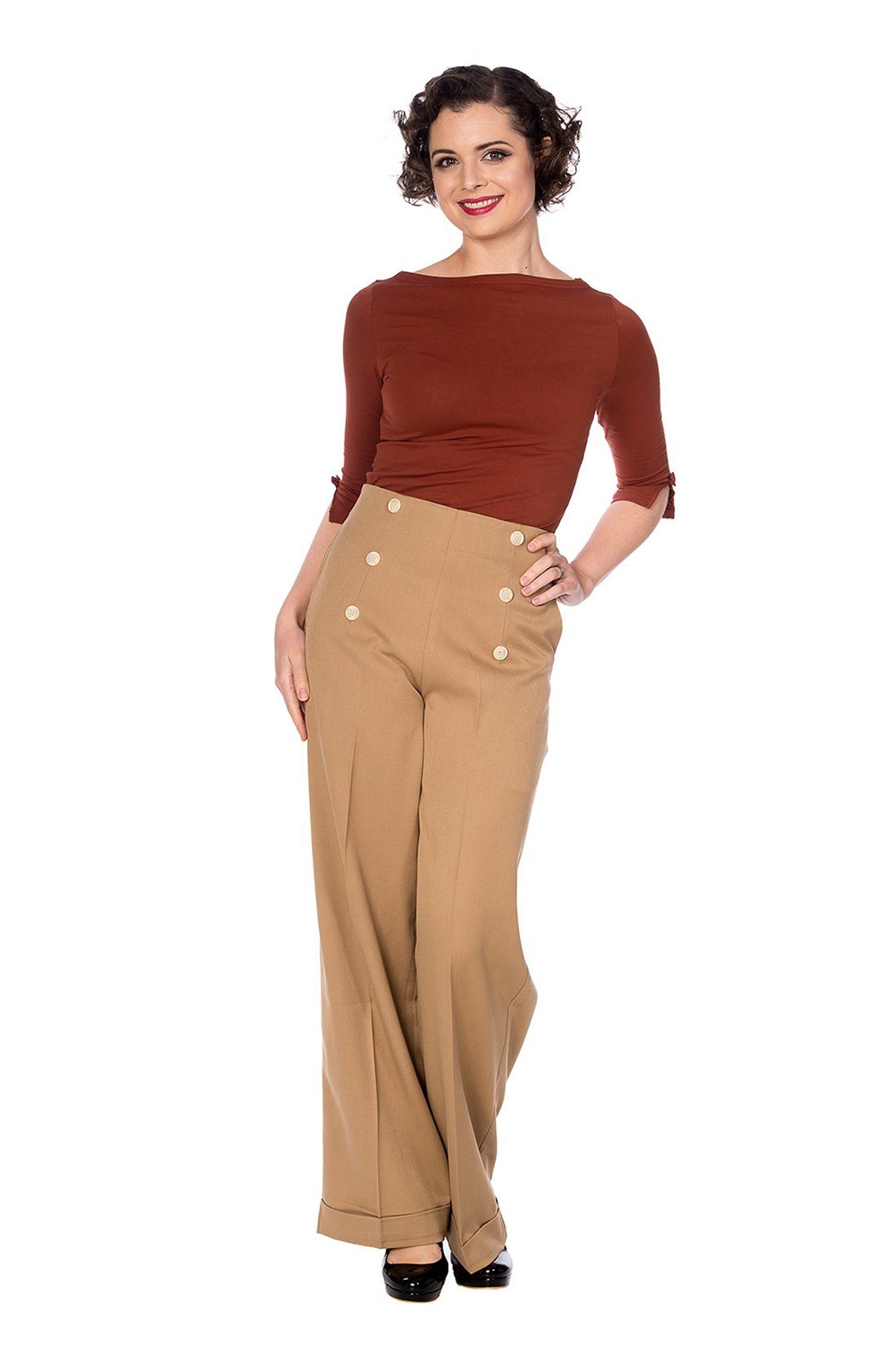 Banned Marlene-Hose Retro Adventures Ahead Tan Braun Vintage Trousers 40er Jahre Stil