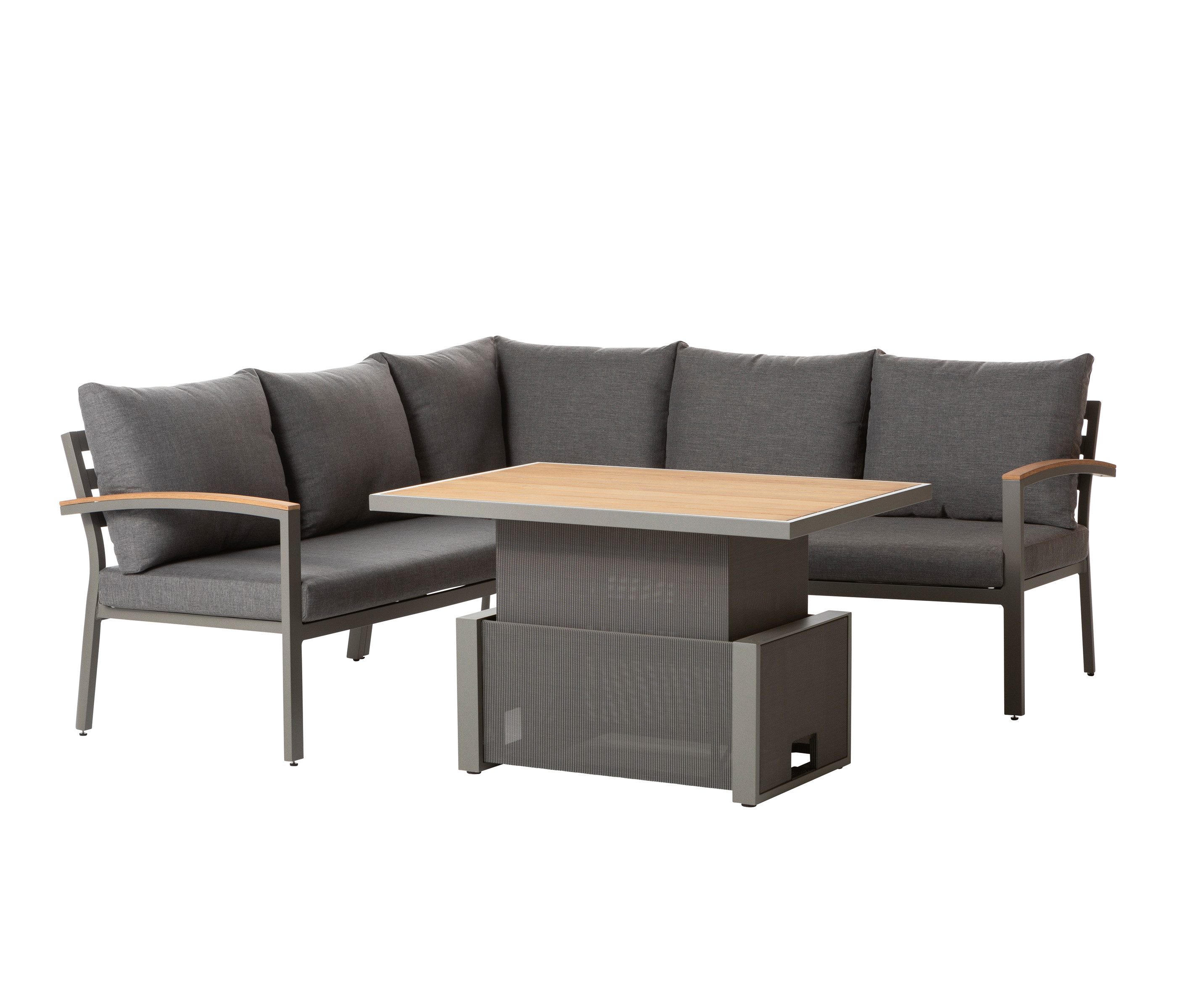 Dehner Gartenlounge-Set Colmar, 4-teilig, 5-Sitzer, inkl. höhenverstellbarem Tisch und Polster, aus FSC®-zertifiziertem Teakholz, wasserabweisenden Olefin