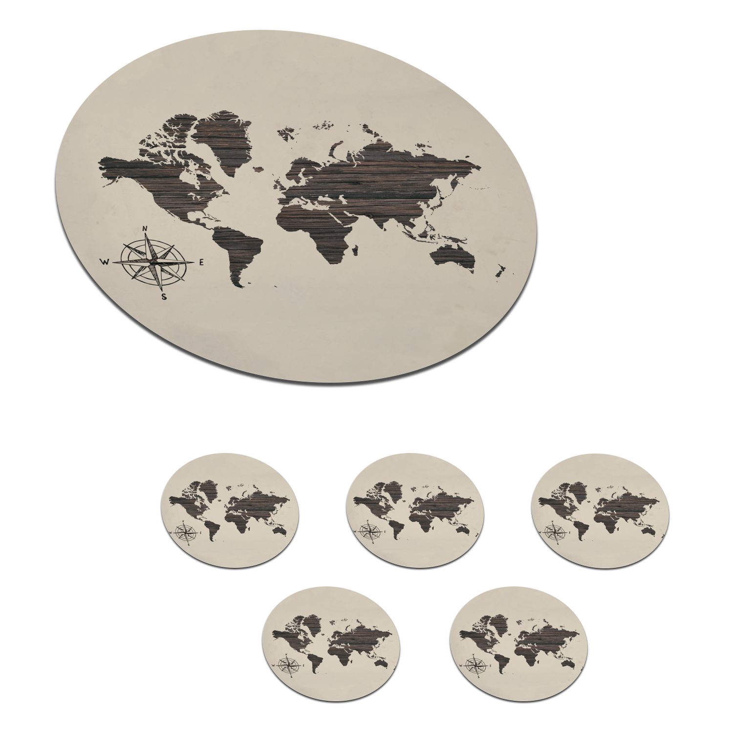 MuchoWow Glasuntersetzer Weltkarte - Holz - Kompass, Zubehör für Gläser, 6-tlg., Getränkeuntersetzer, Tassenuntersetzer, Korkuntersetzer, Tasse, Becher